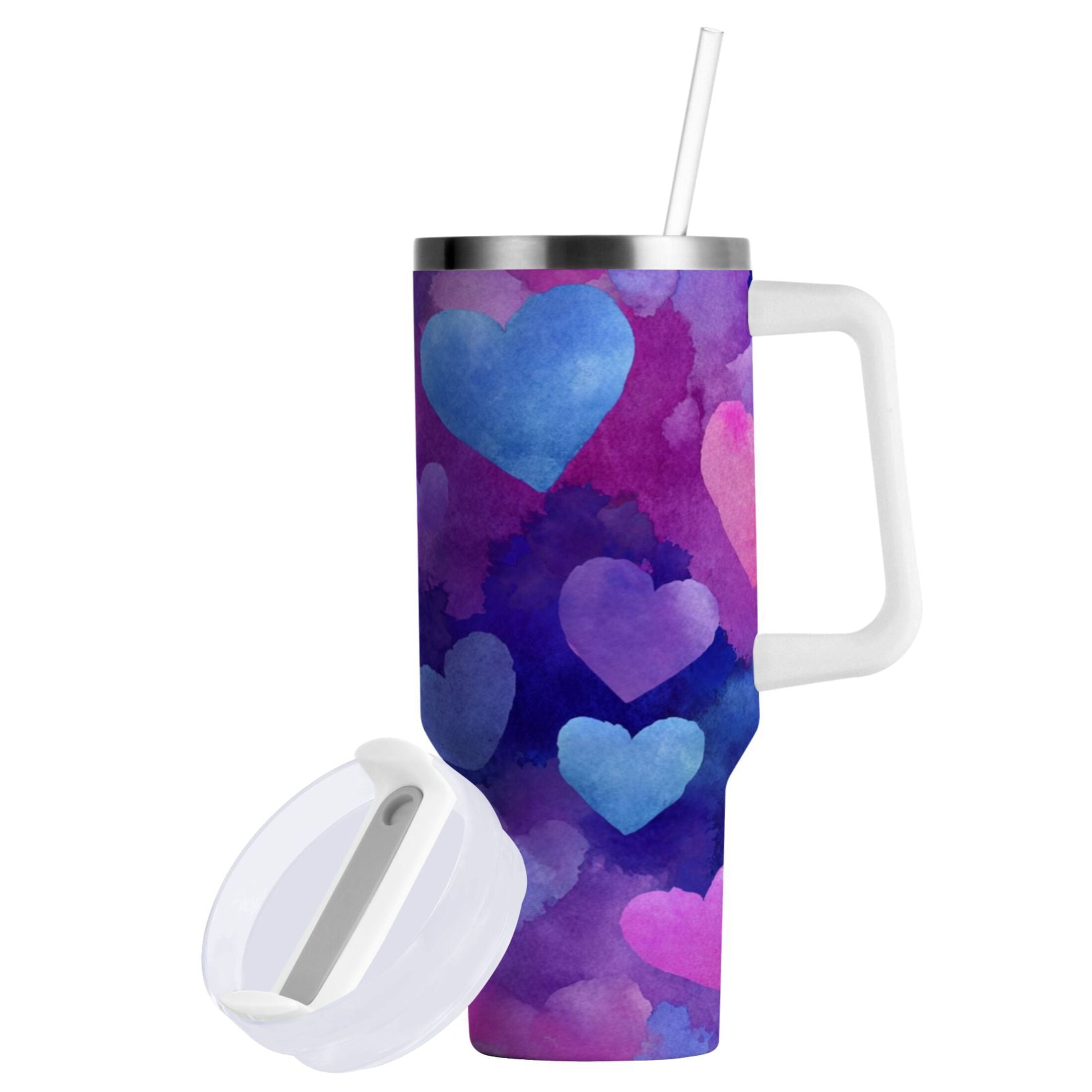 30 oz Insulated Stainless Steel Tumbler Double Wall Stainless Steel Tumbler with 2-Way Drinking Indigo and Violet Hearts - BD5V