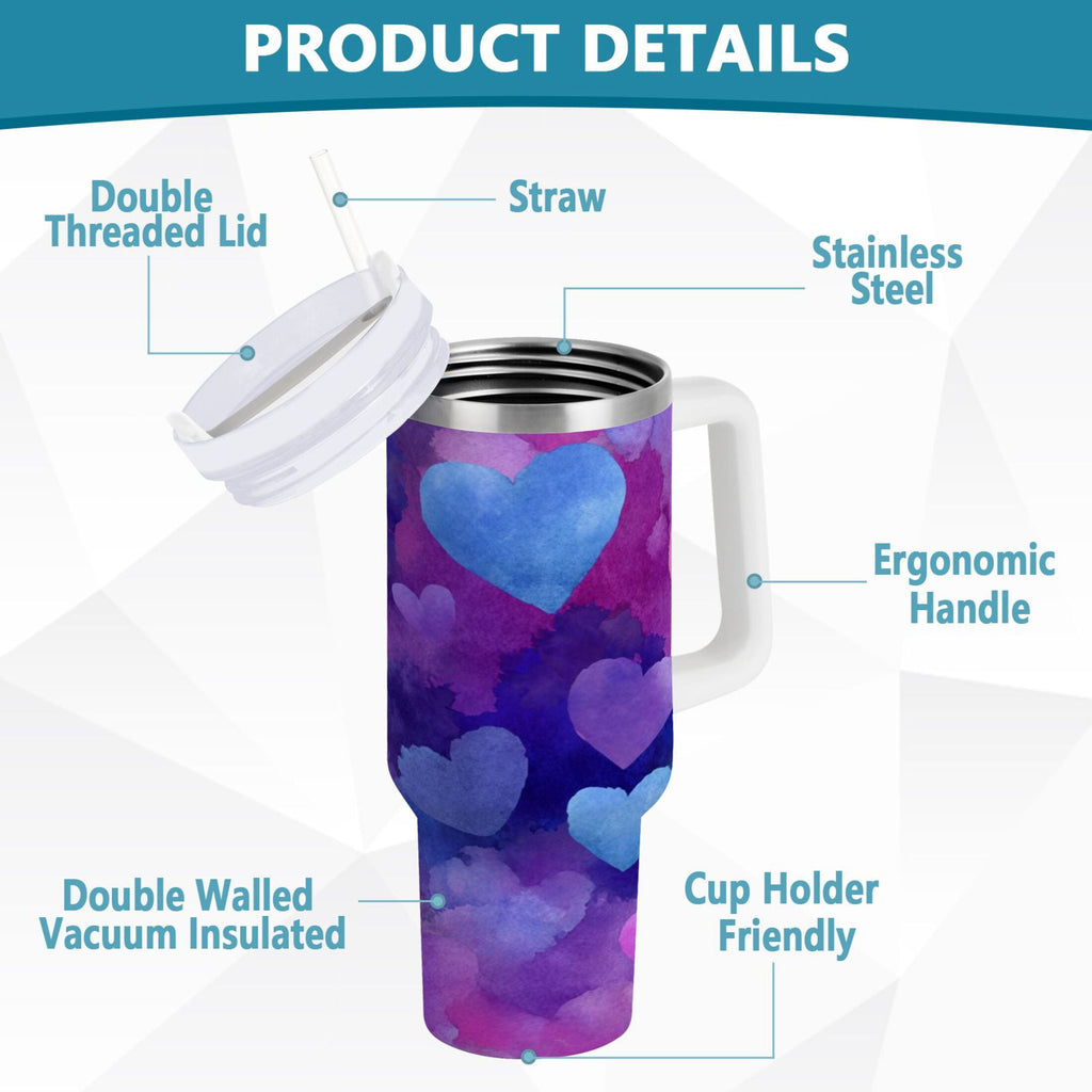 30 oz Insulated Stainless Steel Tumbler Double Wall Stainless Steel Tumbler with 2-Way Drinking Indigo and Violet Hearts - BD5V