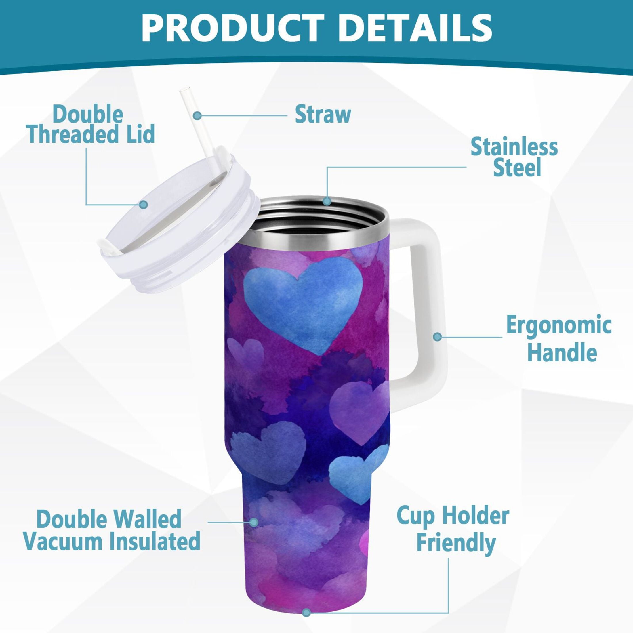 30 oz Insulated Stainless Steel Tumbler Double Wall Stainless Steel Tumbler with 2-Way Drinking Indigo and Violet Hearts - BD5V