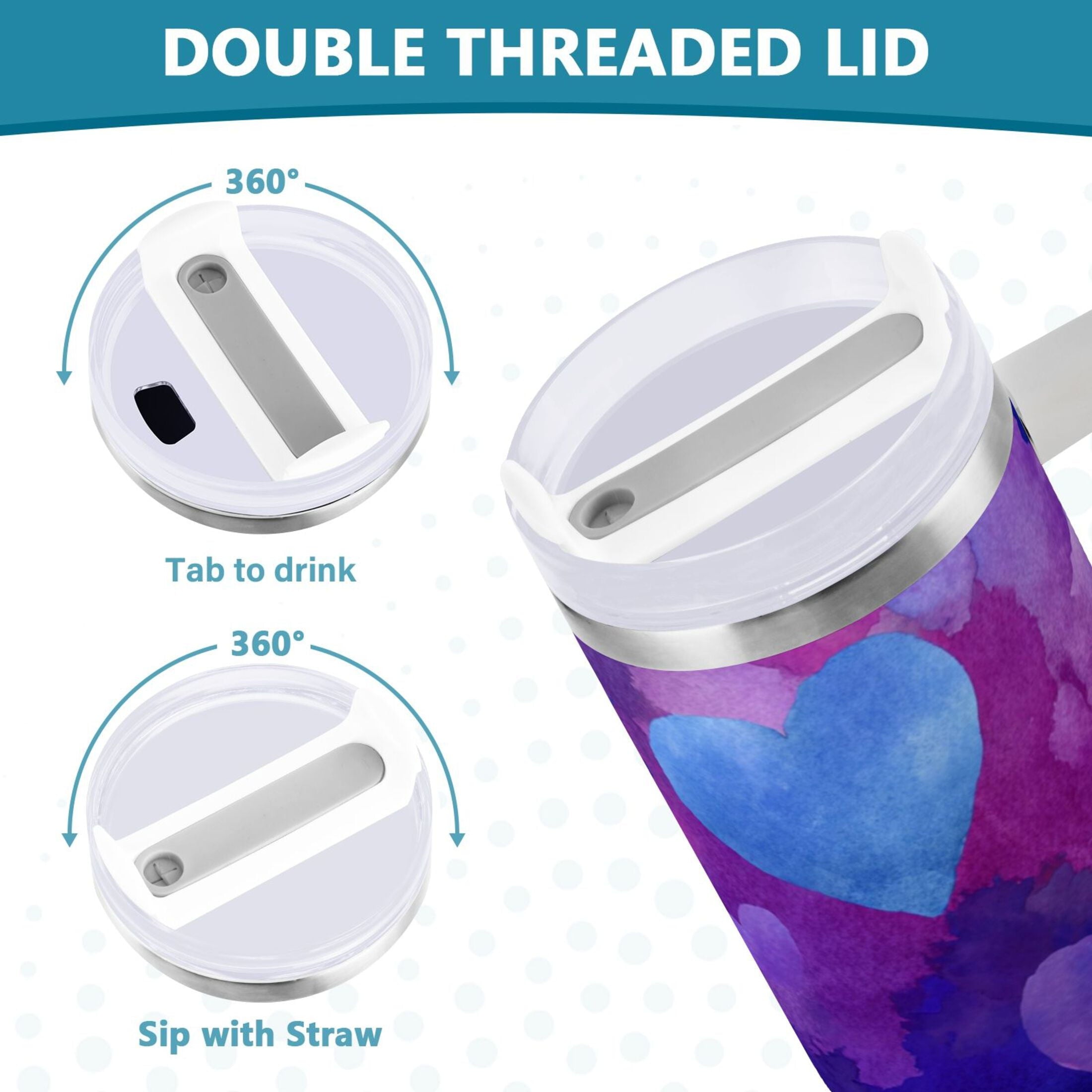 30 oz Insulated Stainless Steel Tumbler Double Wall Stainless Steel Tumbler with 2-Way Drinking Indigo and Violet Hearts - BD5V