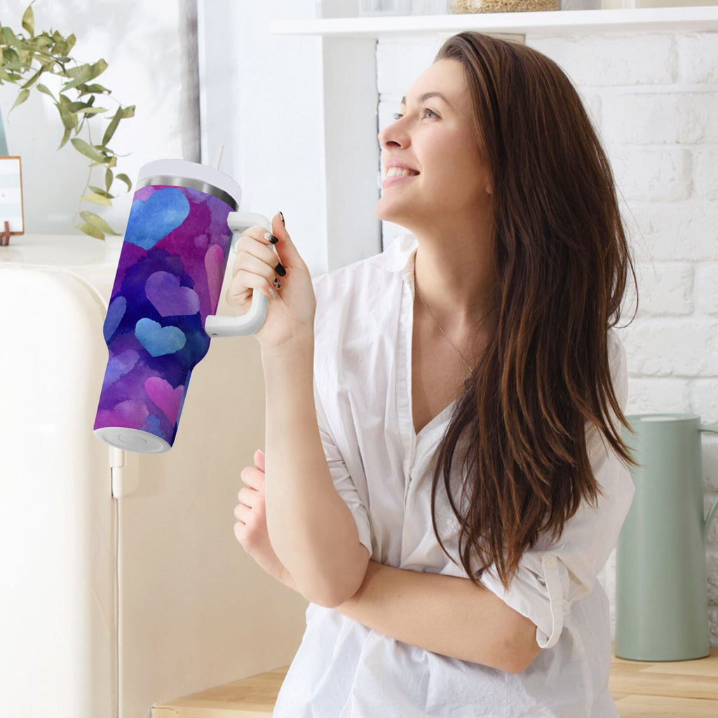 30 oz Insulated Stainless Steel Tumbler Double Wall Stainless Steel Tumbler with 2-Way Drinking Indigo and Violet Hearts - BD5V
