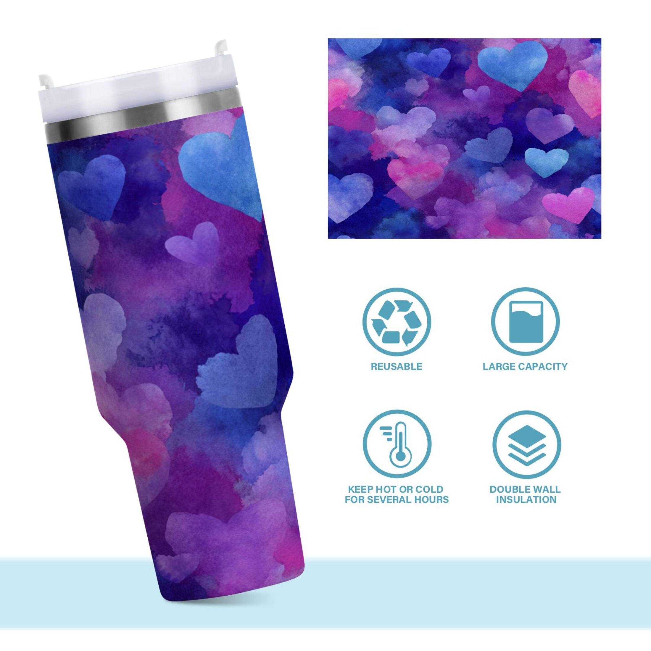 30 oz Insulated Stainless Steel Tumbler Double Wall Stainless Steel Tumbler with 2-Way Drinking Indigo and Violet Hearts - BD5V