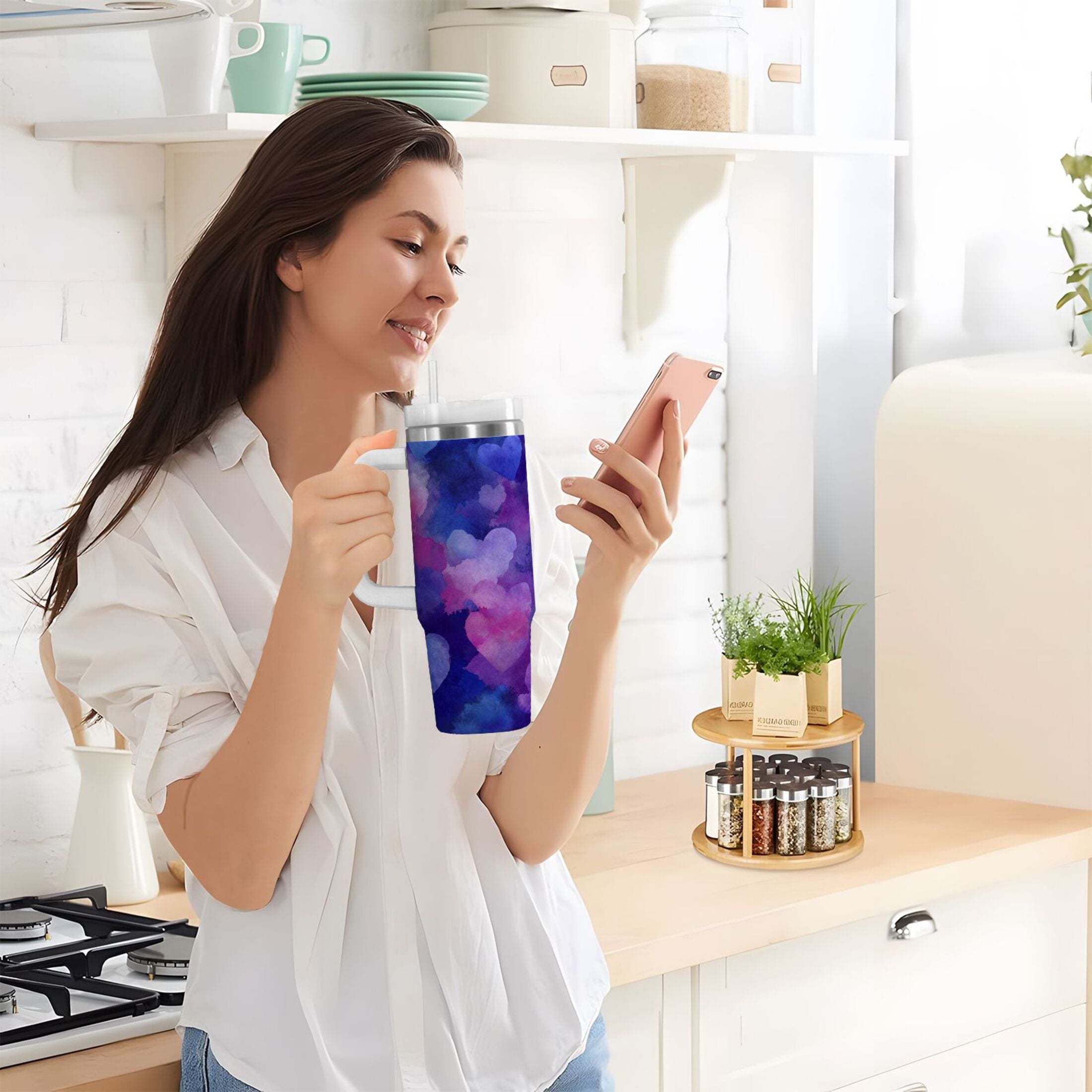 30 oz Insulated Stainless Steel Tumbler Double Wall Stainless Steel Tumbler with 2-Way Drinking Indigo and Violet Hearts - BD5V