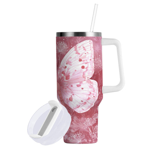 30 oz Insulated Stainless Steel Tumbler Double Wall Stainless Steel Tumbler with 2-Way Drinking Soft Pink Butterfly - 14Y1