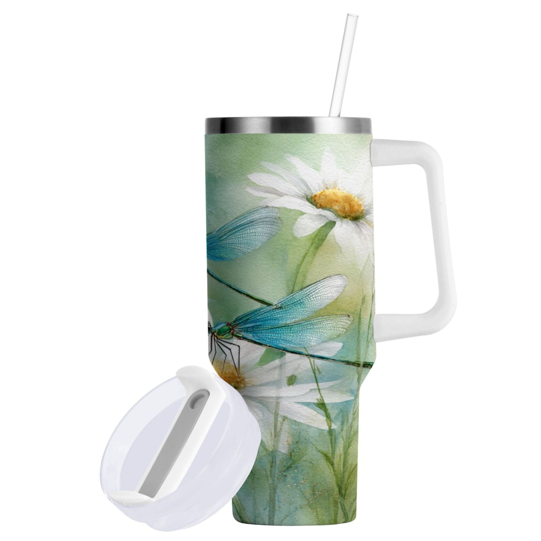 30 oz Insulated Stainless Steel Tumbler Double Wall Stainless Steel Tumbler with 2-Way Drinking Beautiful Dragonflies and Daisies - VZ2H