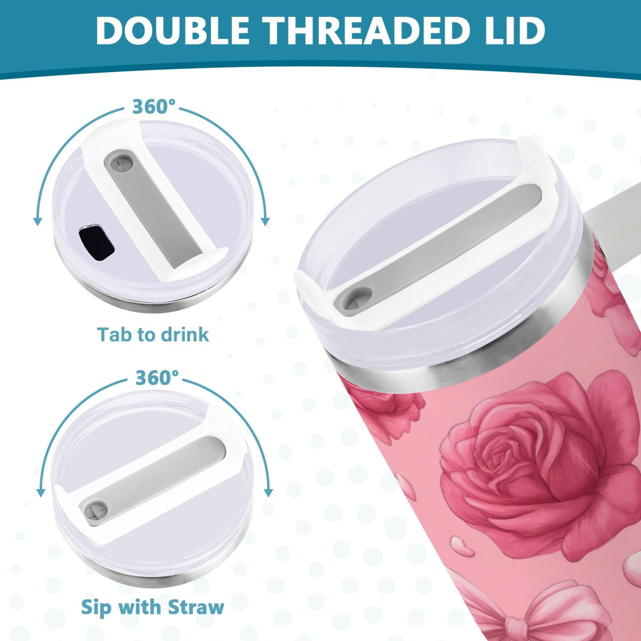40 oz Insulated Stainless Steel Tumbler Double Wall Stainless Steel Tumbler with 2-Way Drinking Roses and Bows Pattern - 1B4R