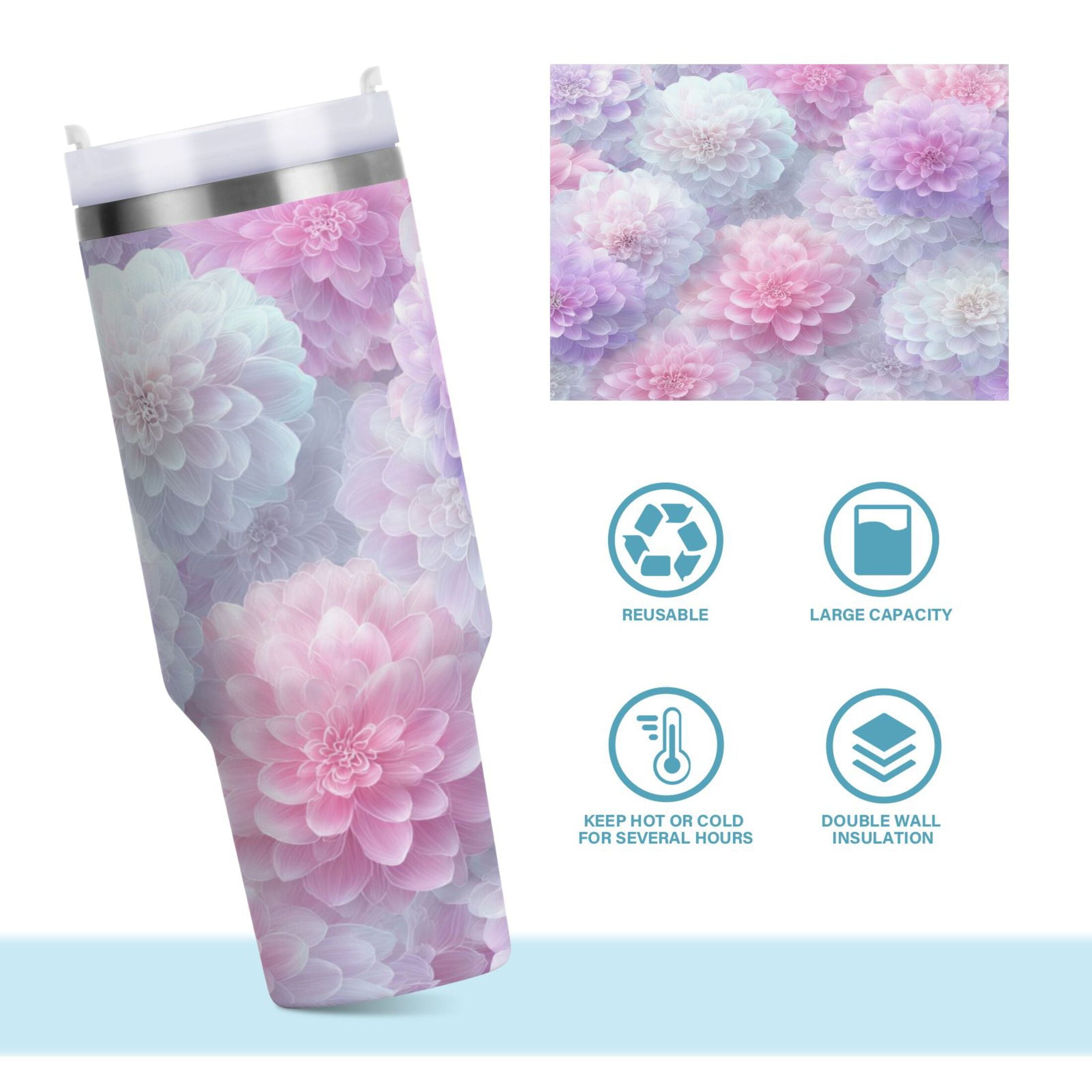 30 oz Insulated Stainless Steel Tumbler Double Wall Stainless Steel Tumbler with 2-Way Drinking Cute Pastel Watercolor Floral - 2I44