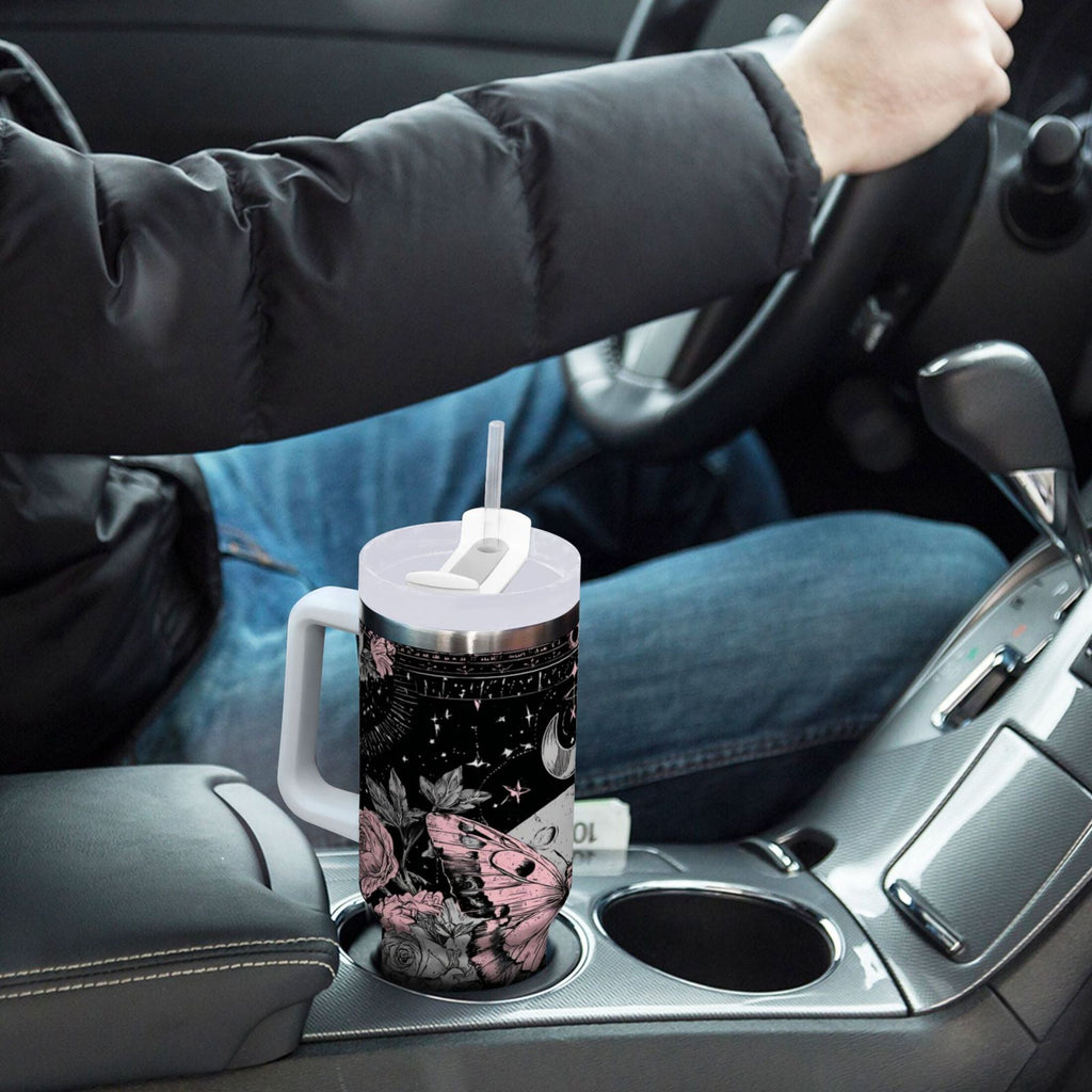 30 oz Insulated Stainless Steel Tumbler Double Wall Stainless Steel Tumbler with 2-Way Drinking Butterfly by Moon and Flowers - AR3P