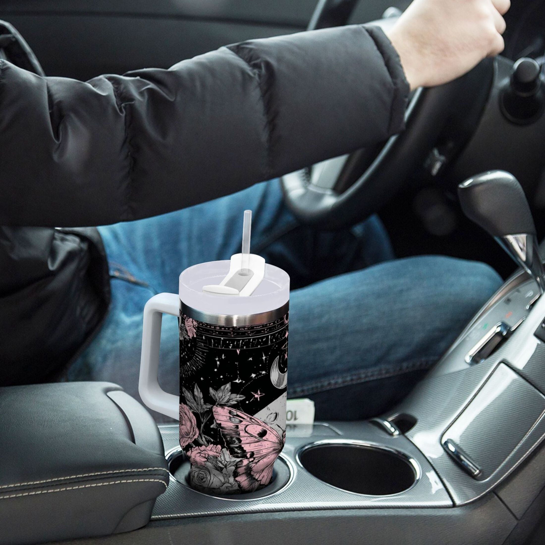 30 oz Insulated Stainless Steel Tumbler Double Wall Stainless Steel Tumbler with 2-Way Drinking Butterfly by Moon and Flowers - AR3P