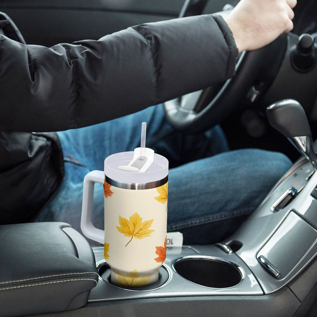40 oz Insulated Stainless Steel Tumbler Double Wall Stainless Steel Tumbler with 2-Way Drinking Yellow Maple Leaves Pattern - YF5S