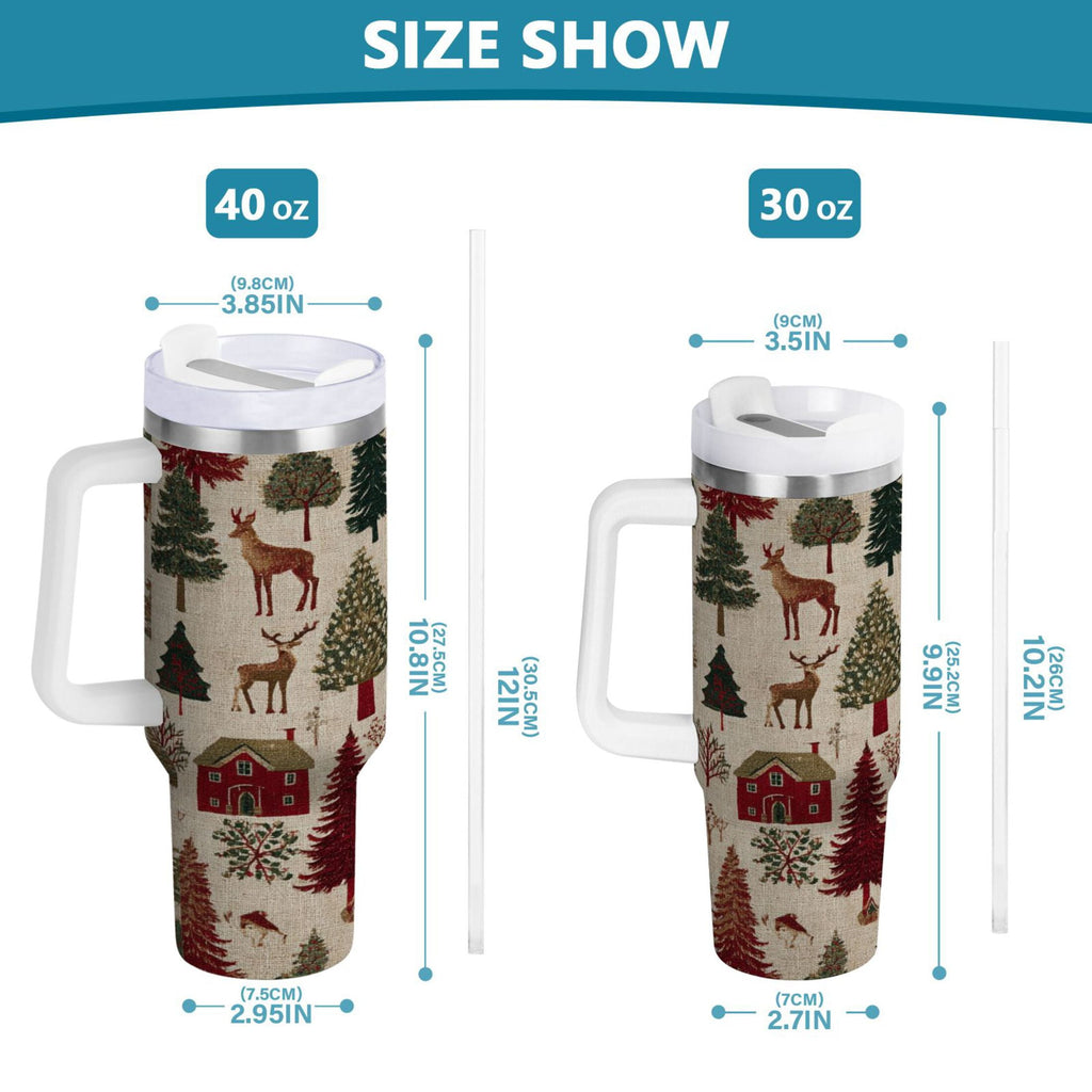 30 oz Insulated Stainless Steel Tumbler Double Wall Stainless Steel Tumbler with 2-Way Drinking Christmas Trees Deer and Houses - T6Y2