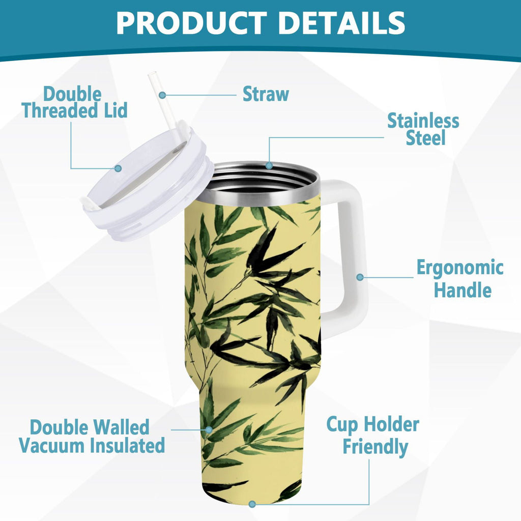 30 oz Insulated Stainless Steel Tumbler Double Wall Stainless Steel Tumbler with 2-Way Drinking Bamboo and Green Leaves - G009