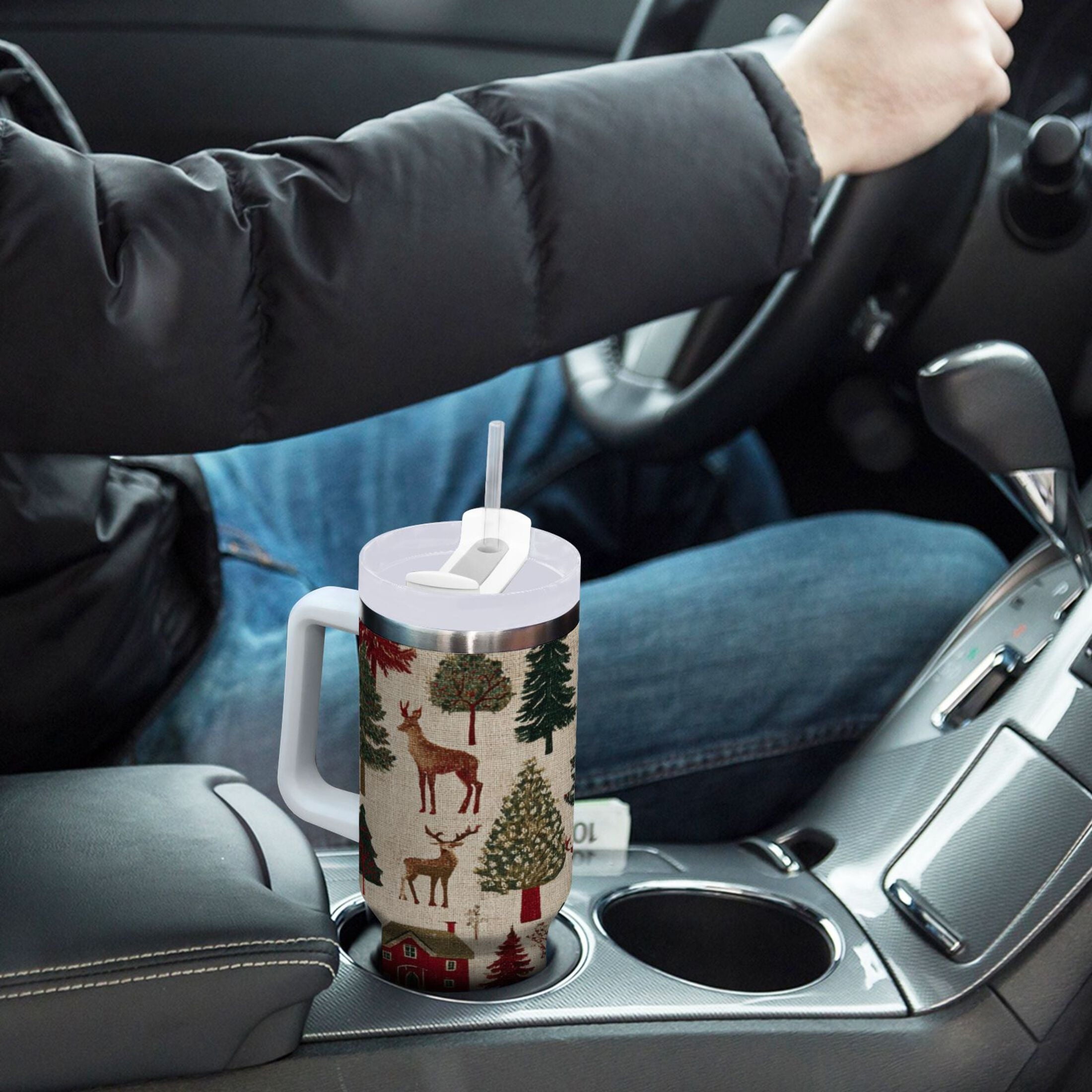 30 oz Insulated Stainless Steel Tumbler Double Wall Stainless Steel Tumbler with 2-Way Drinking Christmas Trees Deer and Houses - T6Y2