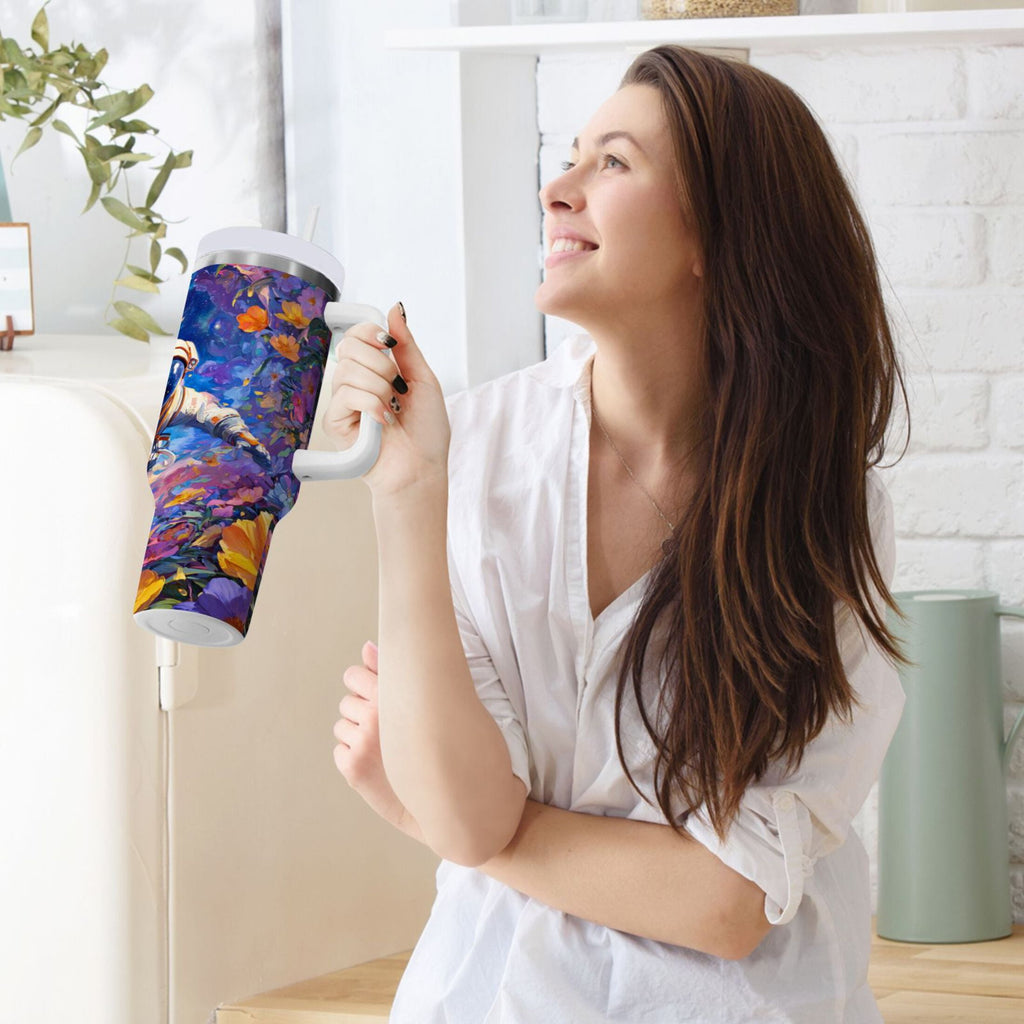 40 oz Insulated Stainless Steel Tumbler Double Wall Stainless Steel Tumbler with 2-Way Drinking Astronaut and Colorful Flowers - AYMO