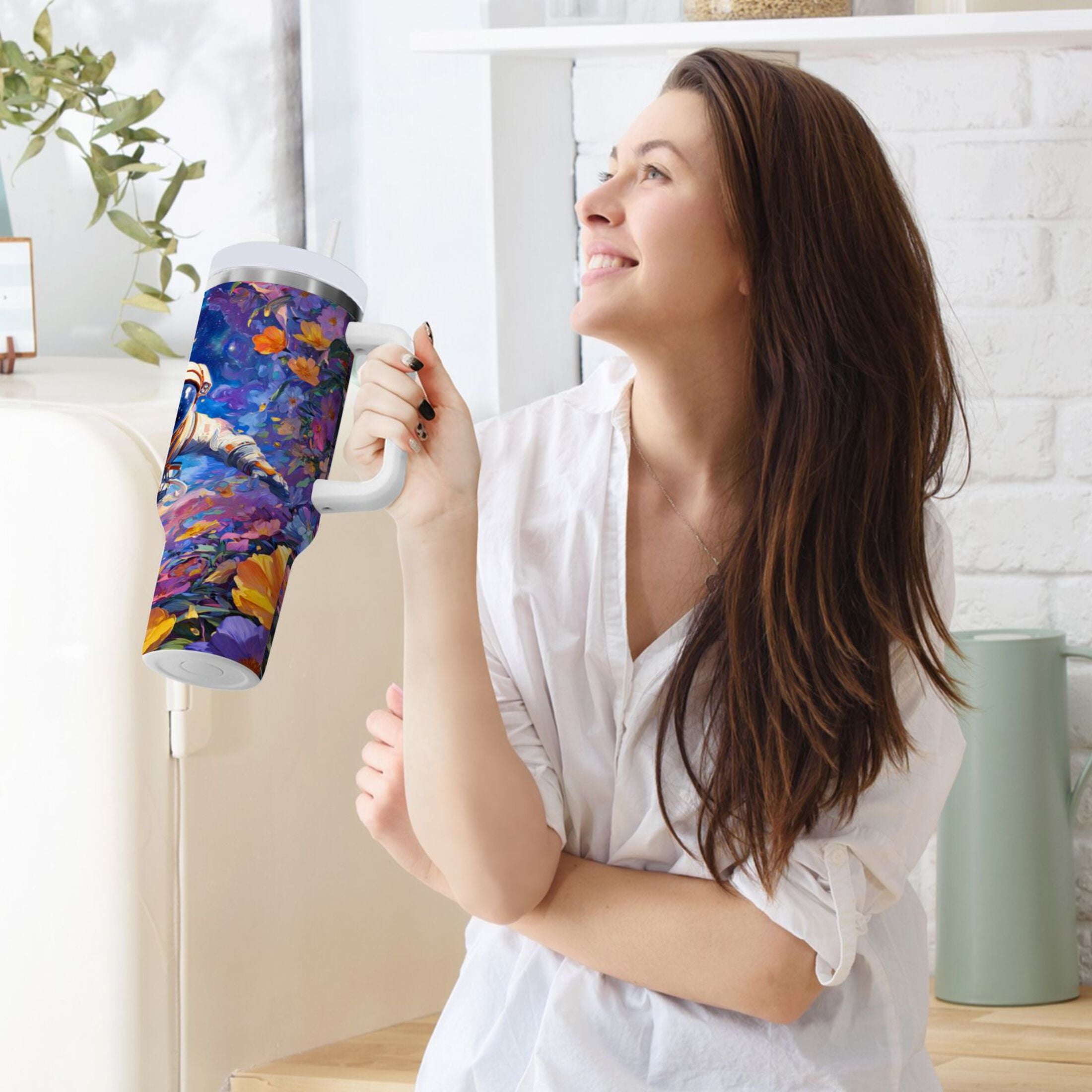 40 oz Insulated Stainless Steel Tumbler Double Wall Stainless Steel Tumbler with 2-Way Drinking Astronaut and Colorful Flowers - AYMO