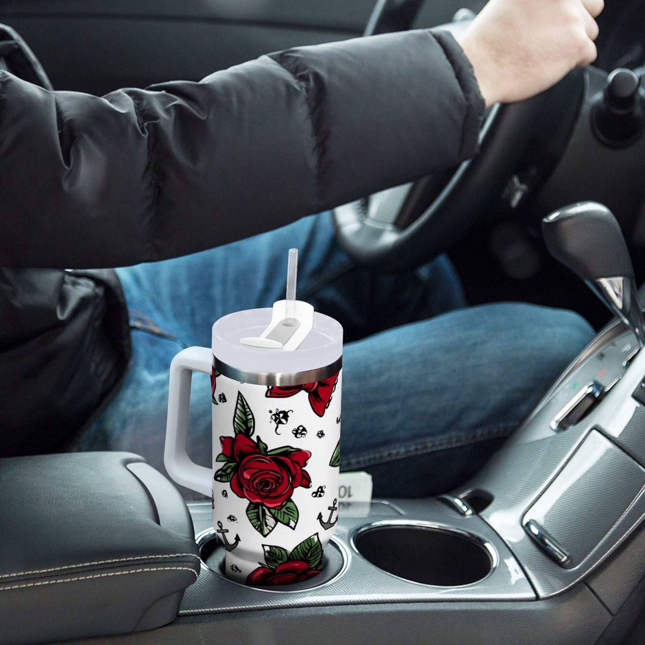 40 oz Insulated Stainless Steel Tumbler Double Wall Stainless Steel Tumbler with 2-Way Drinking Red Roses and Cherries - 5GYM