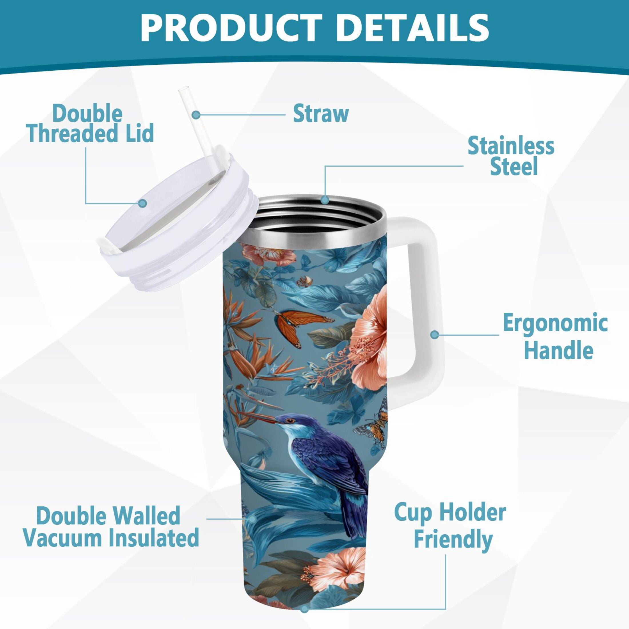 30 oz Insulated Stainless Steel Tumbler Double Wall Stainless Steel Tumbler with 2-Way Drinking Birds and Flowers - WTPG