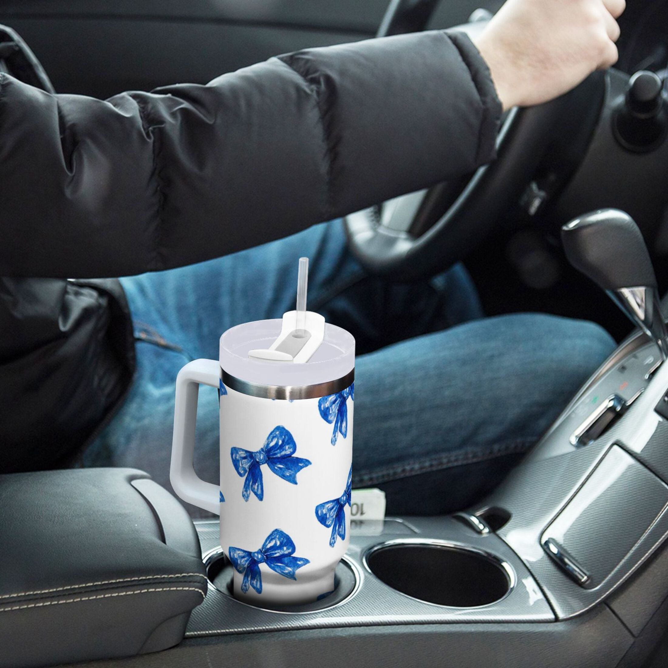 30 oz Insulated Stainless Steel Tumbler Double Wall Stainless Steel Tumbler with 2-Way Drinking Blue Bows Pattern - 3BA5