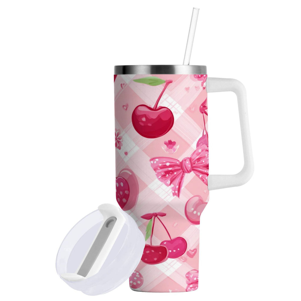 30 oz Insulated Stainless Steel Tumbler Double Wall Stainless Steel Tumbler with 2-Way Drinking Cherry and Pink Bow Pattern - ROVR