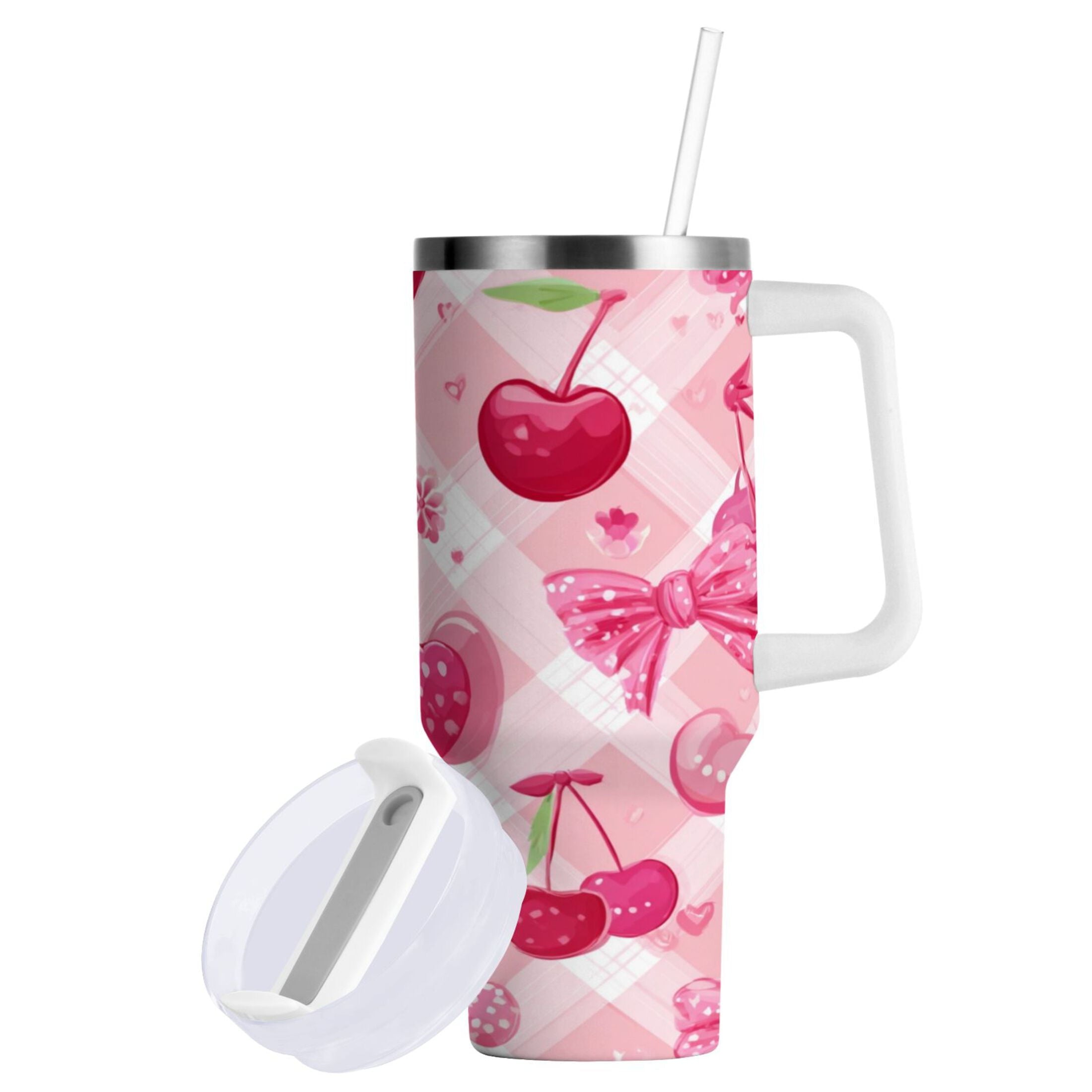 30 oz Insulated Stainless Steel Tumbler Double Wall Stainless Steel Tumbler with 2-Way Drinking Cherry and Pink Bow Pattern - ROVR