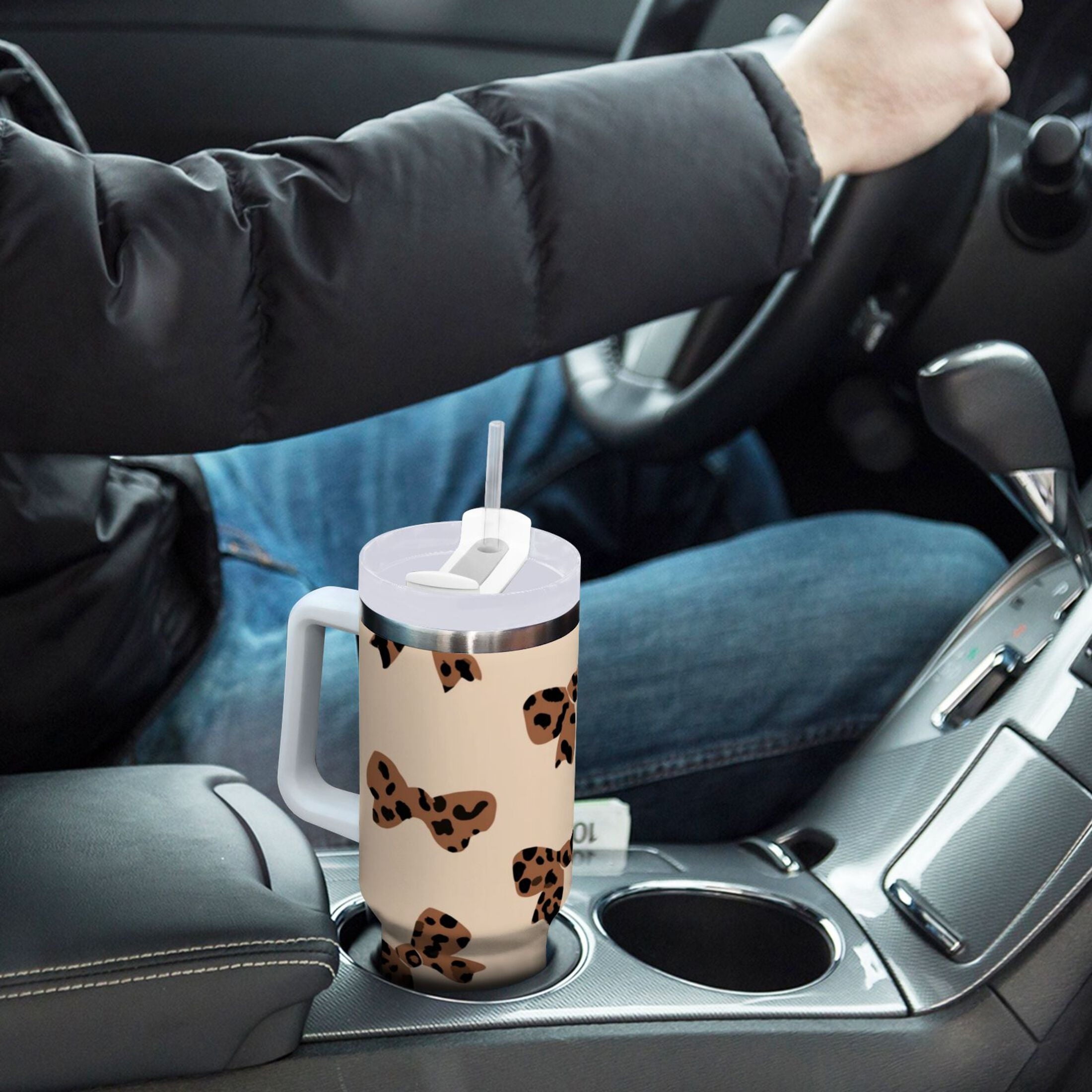 30 oz Insulated Stainless Steel Tumbler Double Wall Stainless Steel Tumbler with 2-Way Drinking Cute Brown Bow - JVIT
