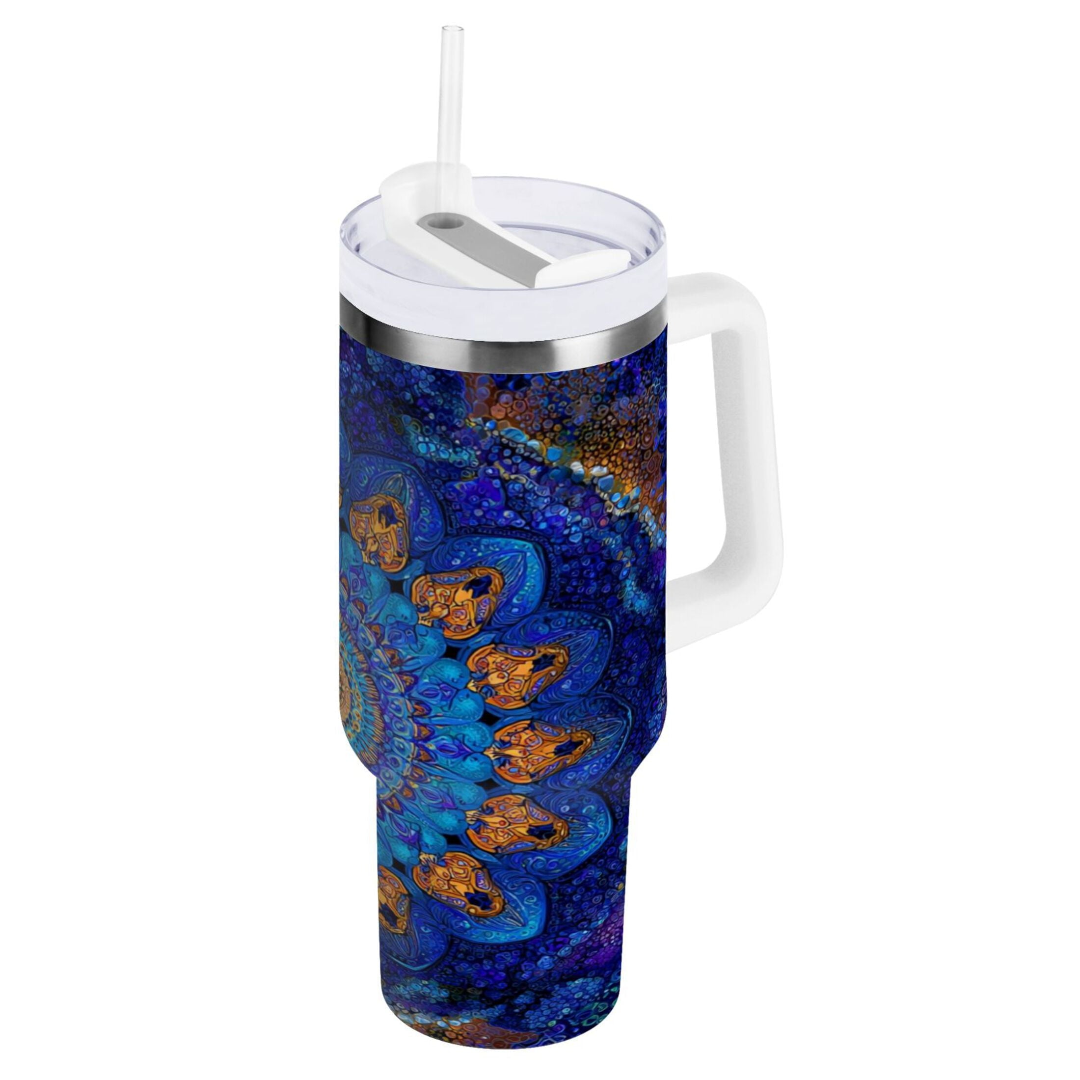 30 oz Insulated Stainless Steel Tumbler Double Wall Stainless Steel Tumbler with 2-Way Drinking Blue Kaleidoscopic Pattern - V2DP