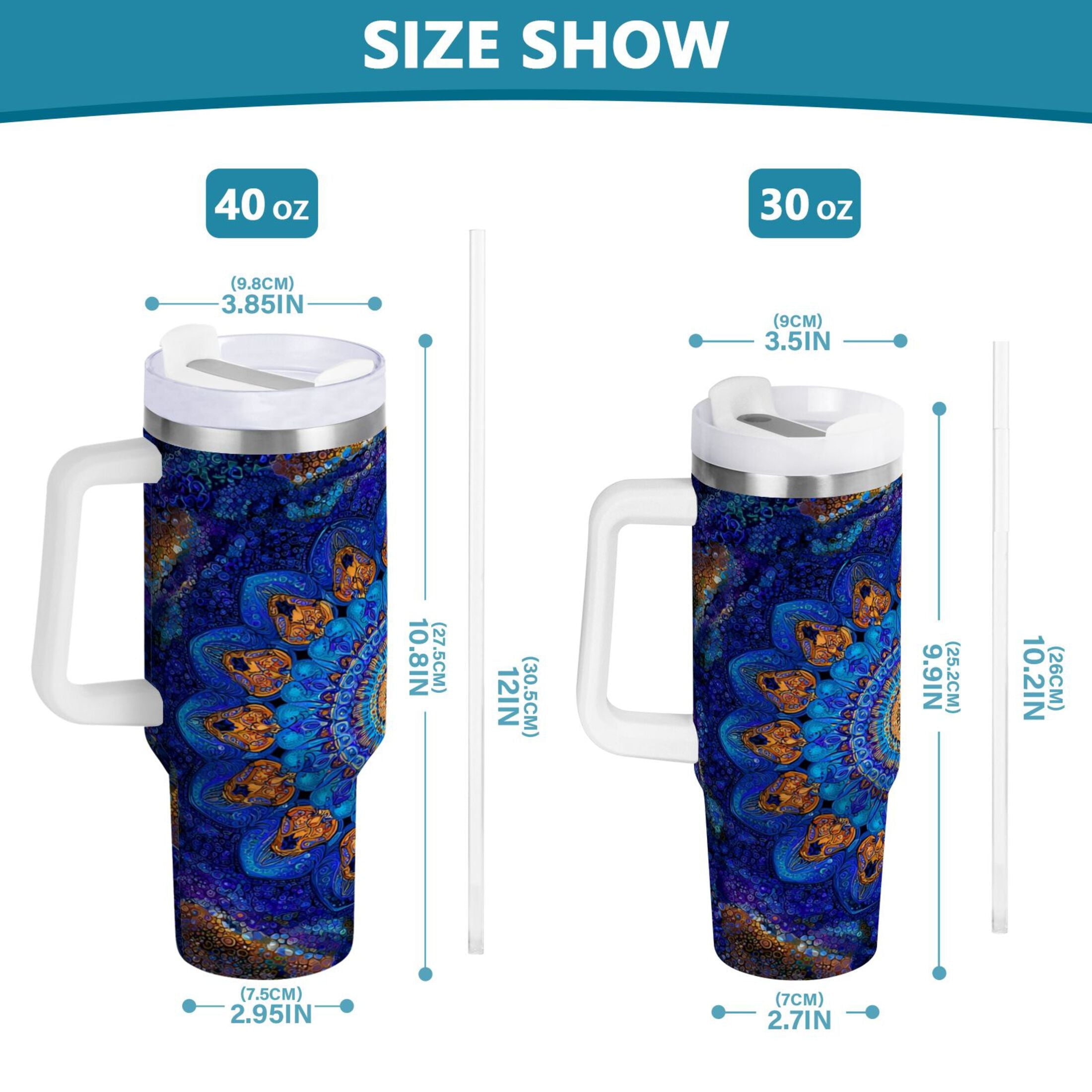 30 oz Insulated Stainless Steel Tumbler Double Wall Stainless Steel Tumbler with 2-Way Drinking Blue Kaleidoscopic Pattern - V2DP