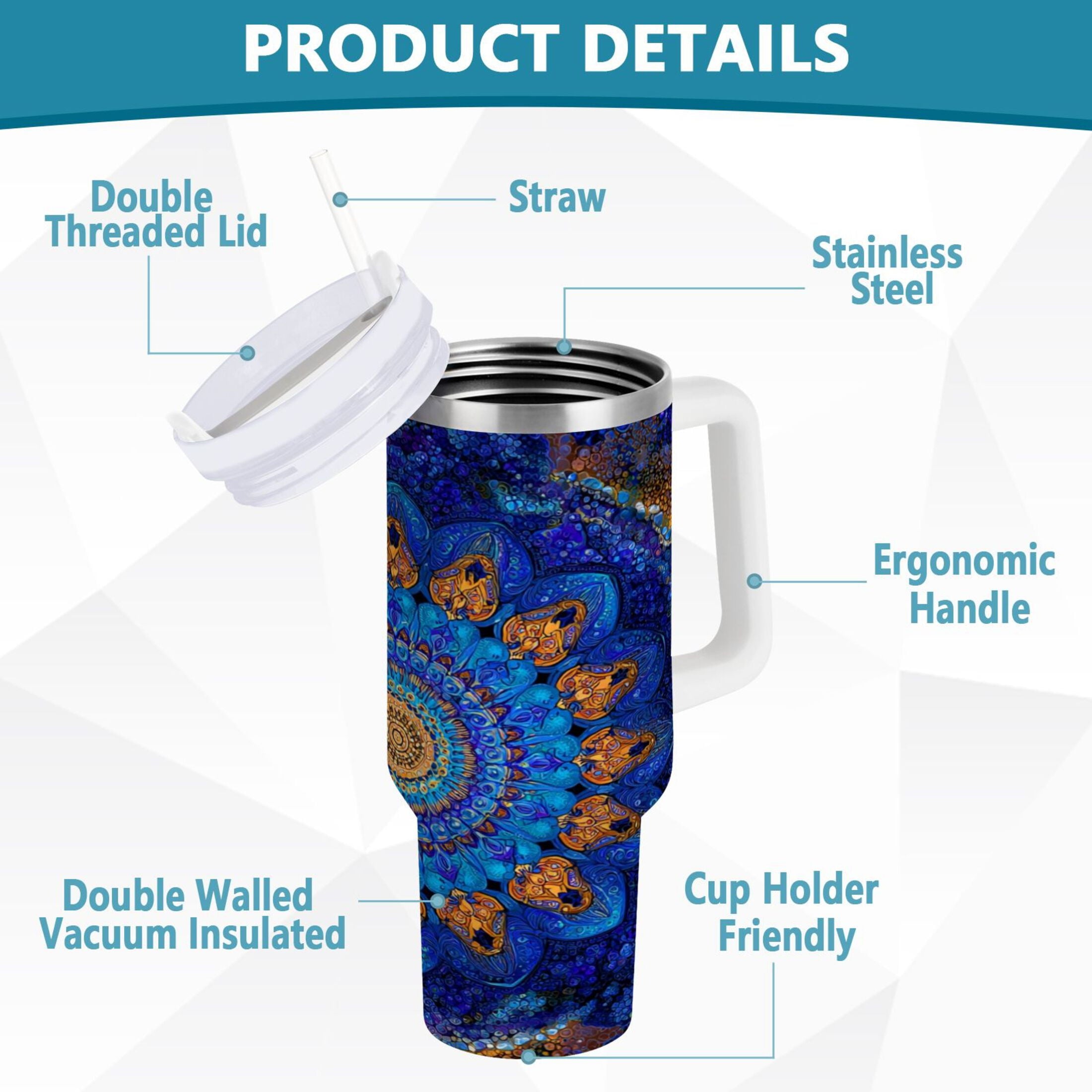 30 oz Insulated Stainless Steel Tumbler Double Wall Stainless Steel Tumbler with 2-Way Drinking Blue Kaleidoscopic Pattern - V2DP