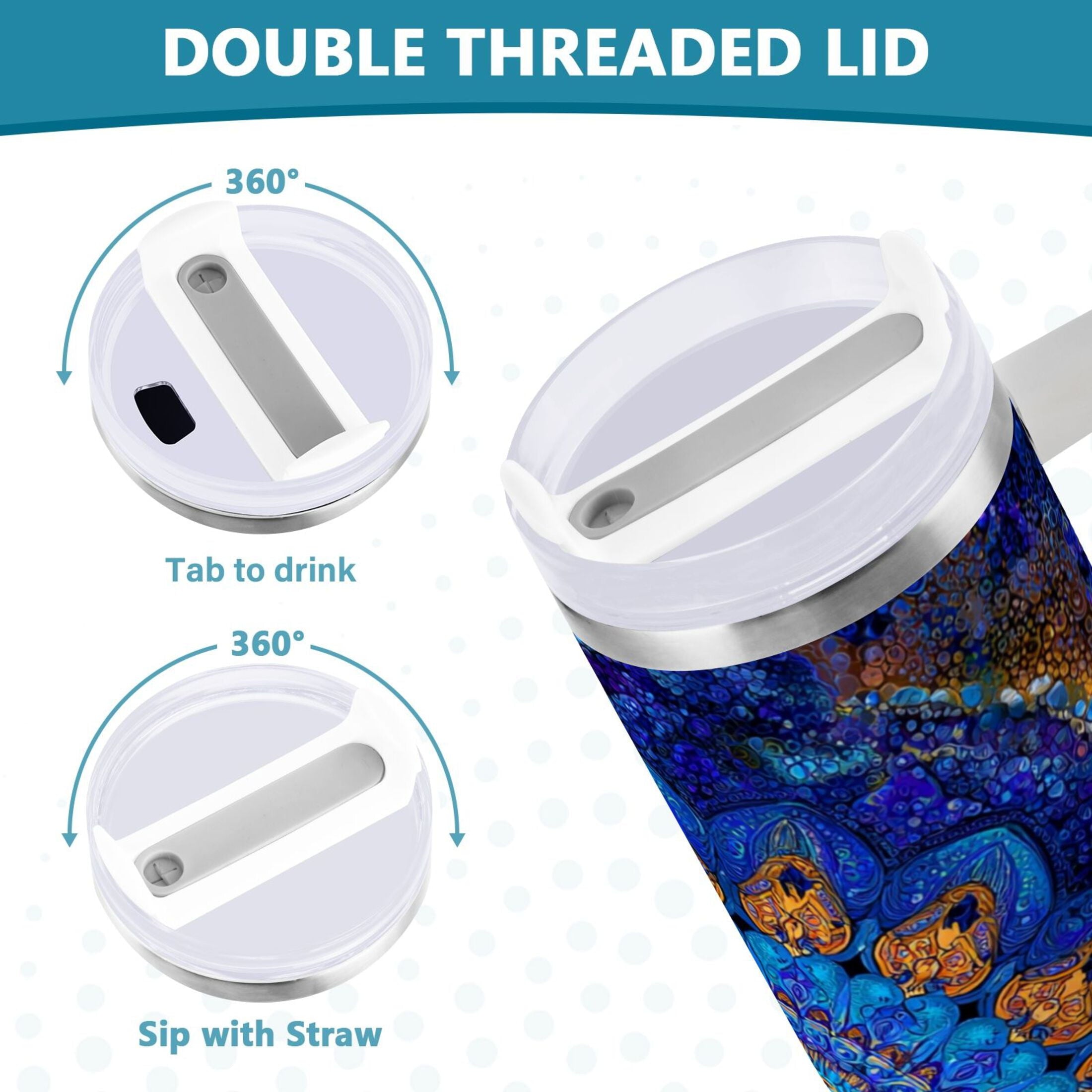 30 oz Insulated Stainless Steel Tumbler Double Wall Stainless Steel Tumbler with 2-Way Drinking Blue Kaleidoscopic Pattern - V2DP