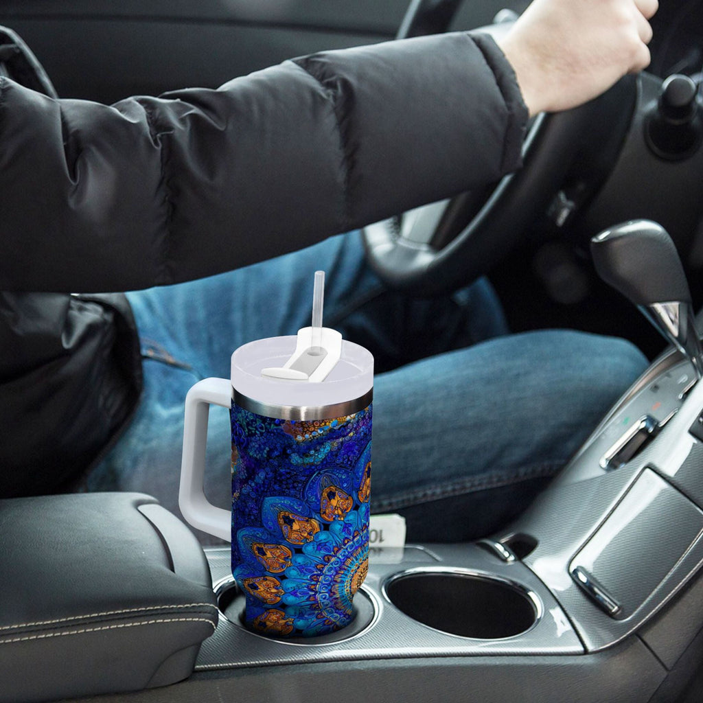 30 oz Insulated Stainless Steel Tumbler Double Wall Stainless Steel Tumbler with 2-Way Drinking Blue Kaleidoscopic Pattern - V2DP