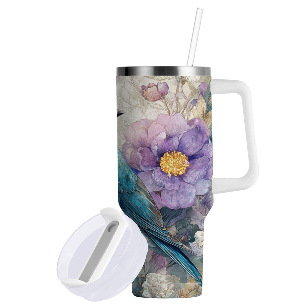 30 oz Insulated Stainless Steel Tumbler Double Wall Stainless Steel Tumbler with 2-Way Drinking Bluebird and Flower - NPKB