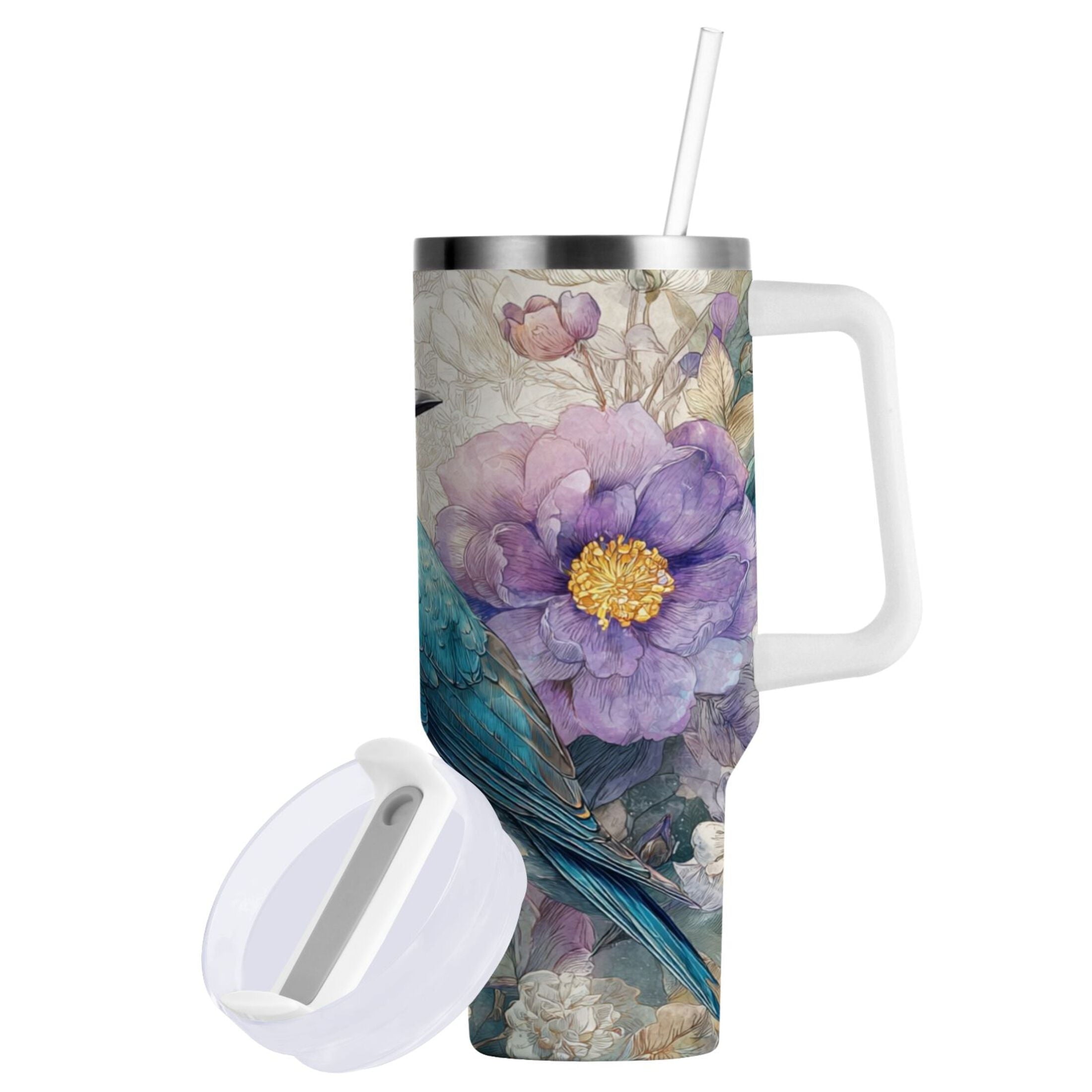 30 oz Insulated Stainless Steel Tumbler Double Wall Stainless Steel Tumbler with 2-Way Drinking Bluebird and Flower - NPKB