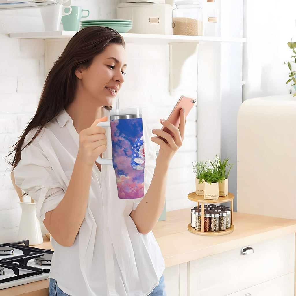 30 oz Insulated Stainless Steel Tumbler Double Wall Stainless Steel Tumbler with 2-Way Drinking Rose with Flag Pattern - NO9C