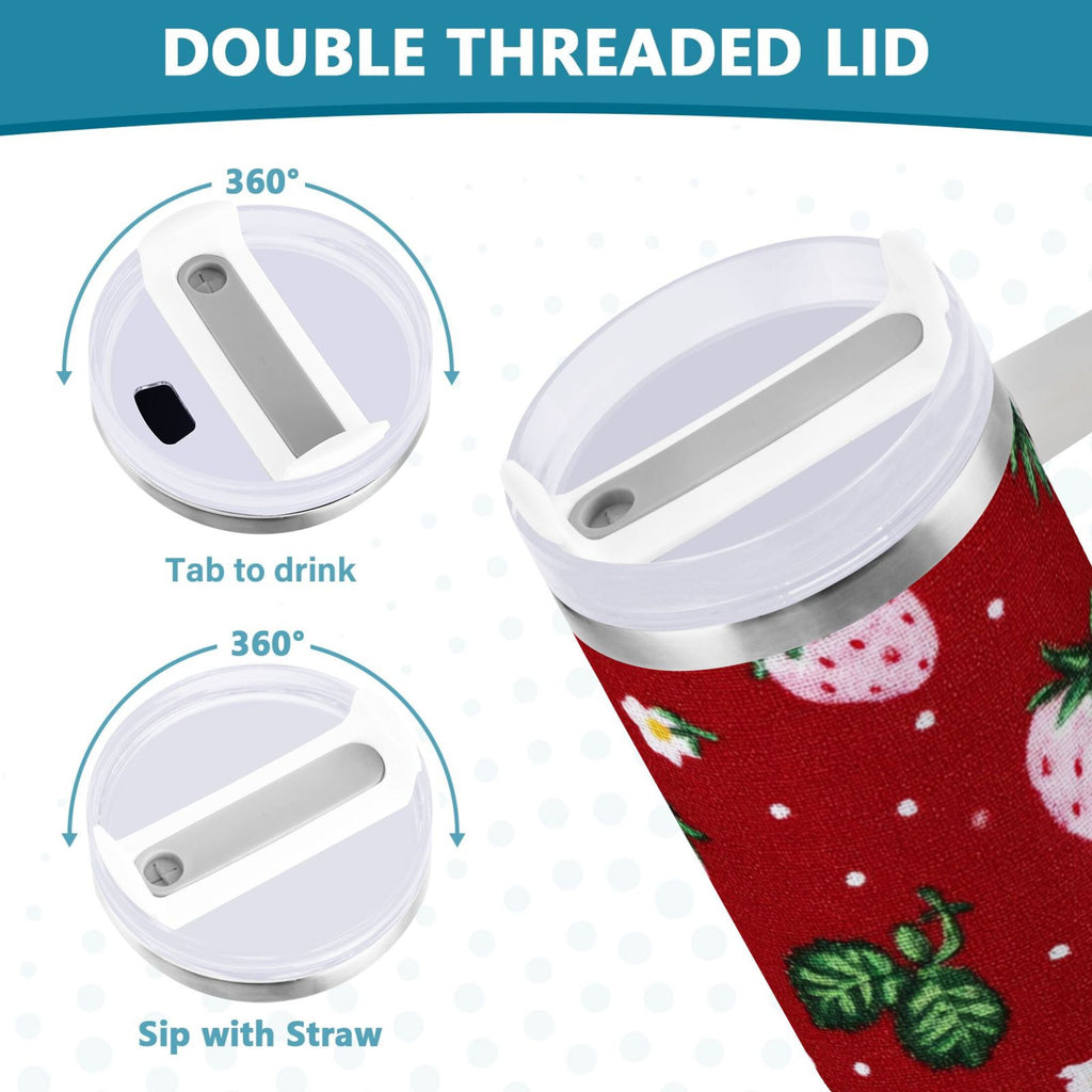 30 oz Insulated Stainless Steel Tumbler Double Wall Stainless Steel Tumbler with 2-Way Drinking Cute Pink Strawberry Pattern - 4476