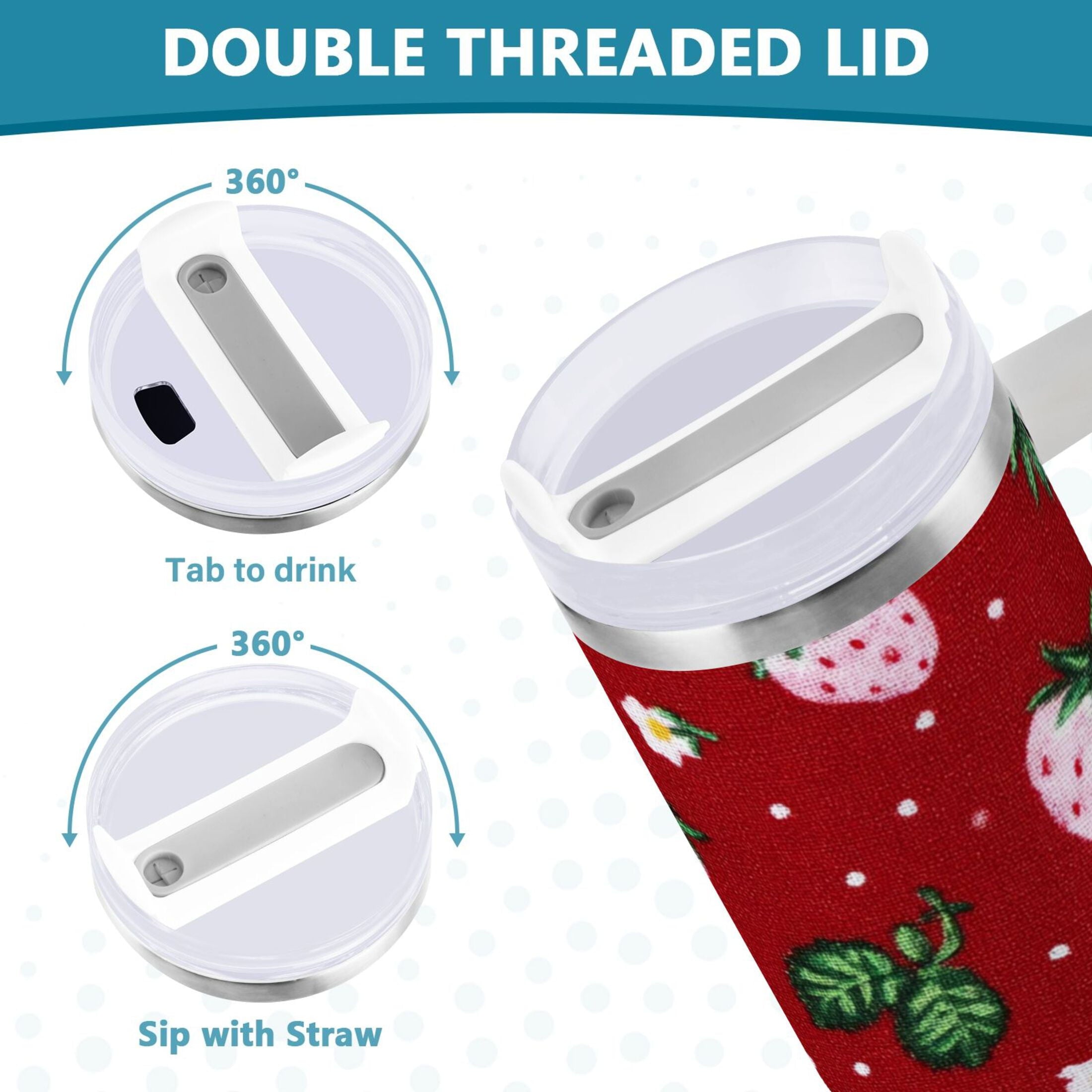 30 oz Insulated Stainless Steel Tumbler Double Wall Stainless Steel Tumbler with 2-Way Drinking Cute Pink Strawberry Pattern - 4476