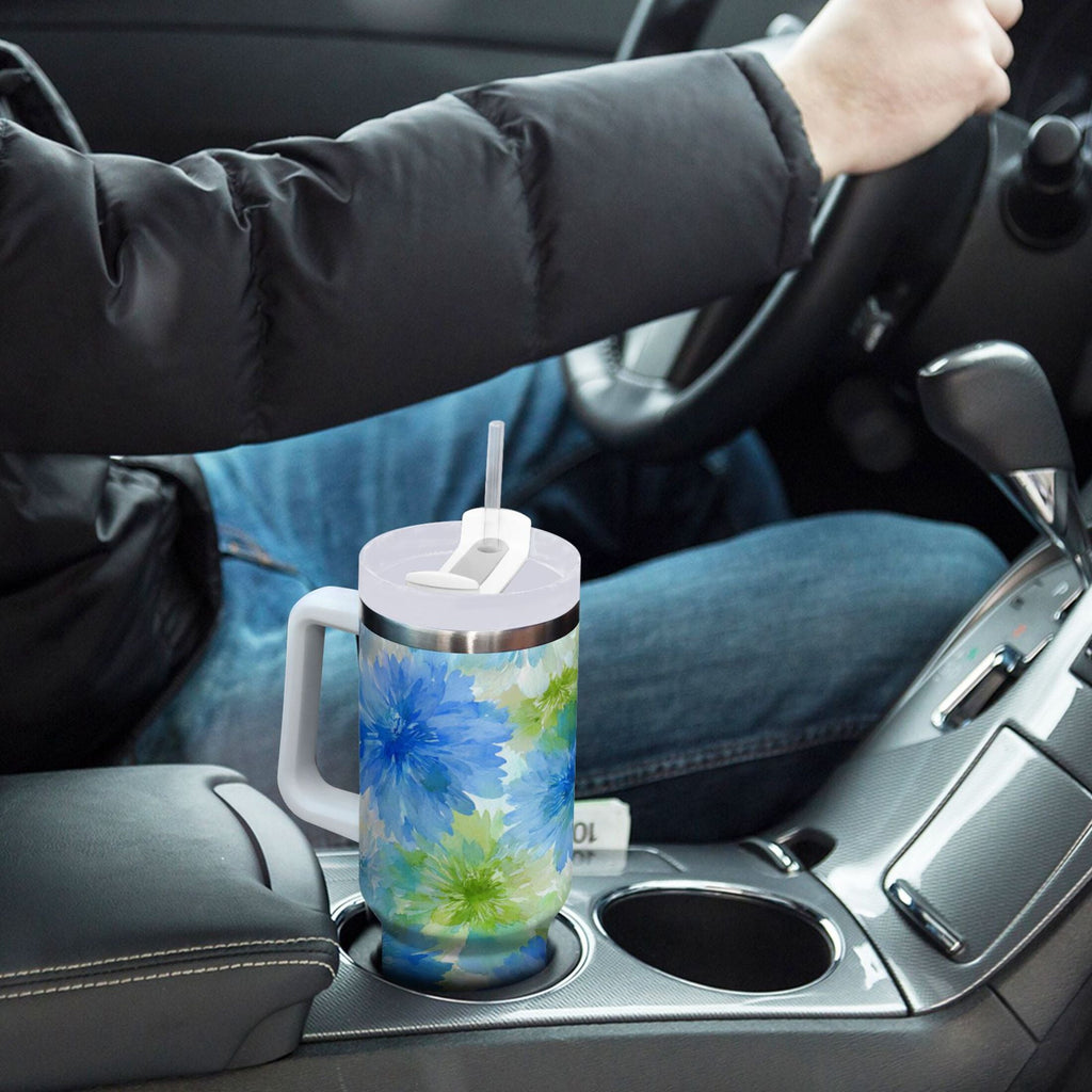 40 oz Insulated Stainless Steel Tumbler Double Wall Stainless Steel Tumbler with 2-Way Drinking Watercolor Blue Cornflowers - ED1I