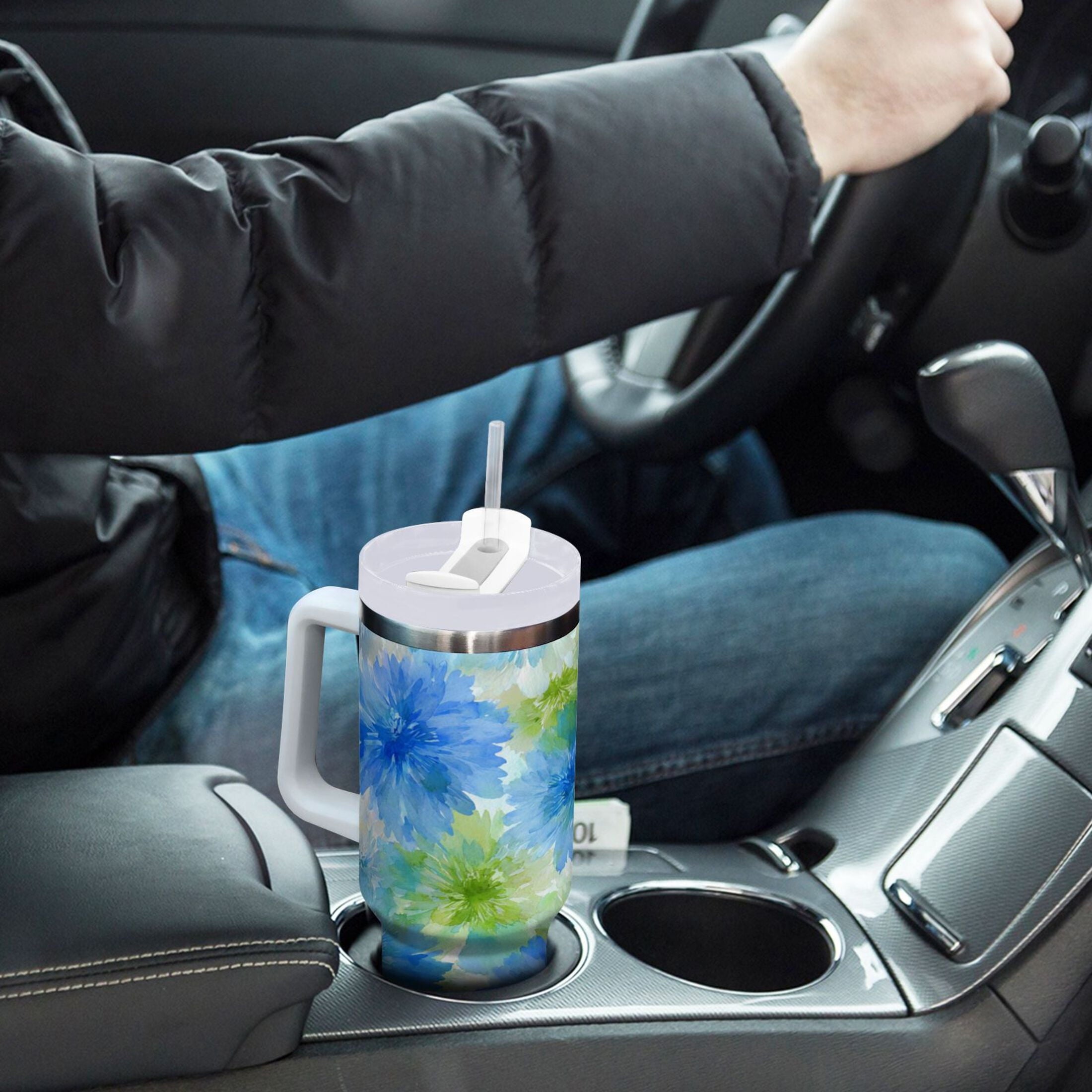 40 oz Insulated Stainless Steel Tumbler Double Wall Stainless Steel Tumbler with 2-Way Drinking Watercolor Blue Cornflowers - ED1I