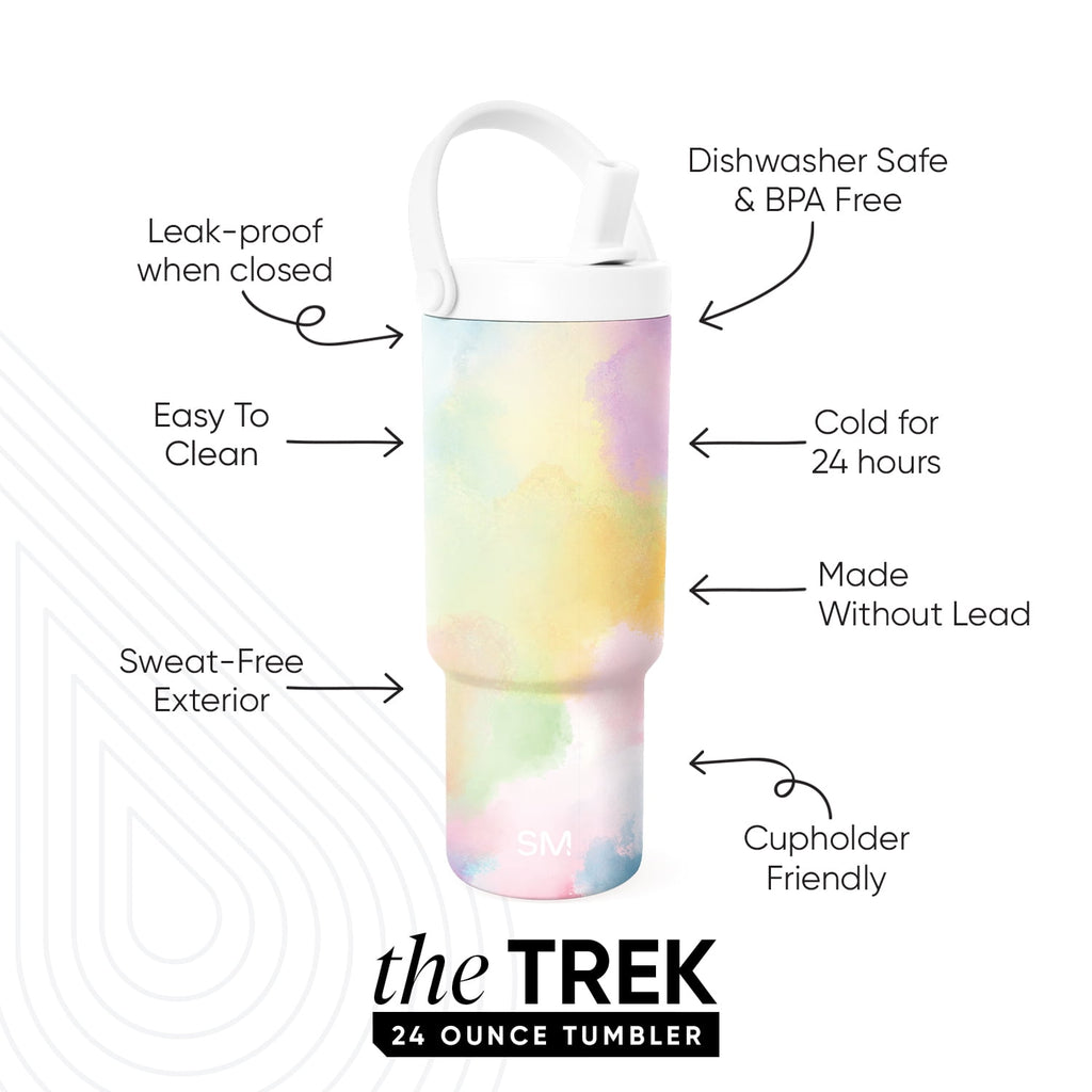 Simple Modern 24 fl oz Insulated Stainless Steel Trek Pivot Tumbler with Straw Lid and Top Handle|Cotton Candy Tie Dye - XIBE