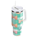 40 oz Insulated Stainless Steel Tumbler Double Wall Stainless Steel Tumbler with 2-Way Drinking Pastel Green and Peach Bows - U8UJ