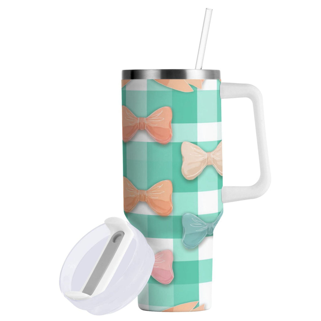 40 oz Insulated Stainless Steel Tumbler Double Wall Stainless Steel Tumbler with 2-Way Drinking Pastel Green and Peach Bows - U8UJ