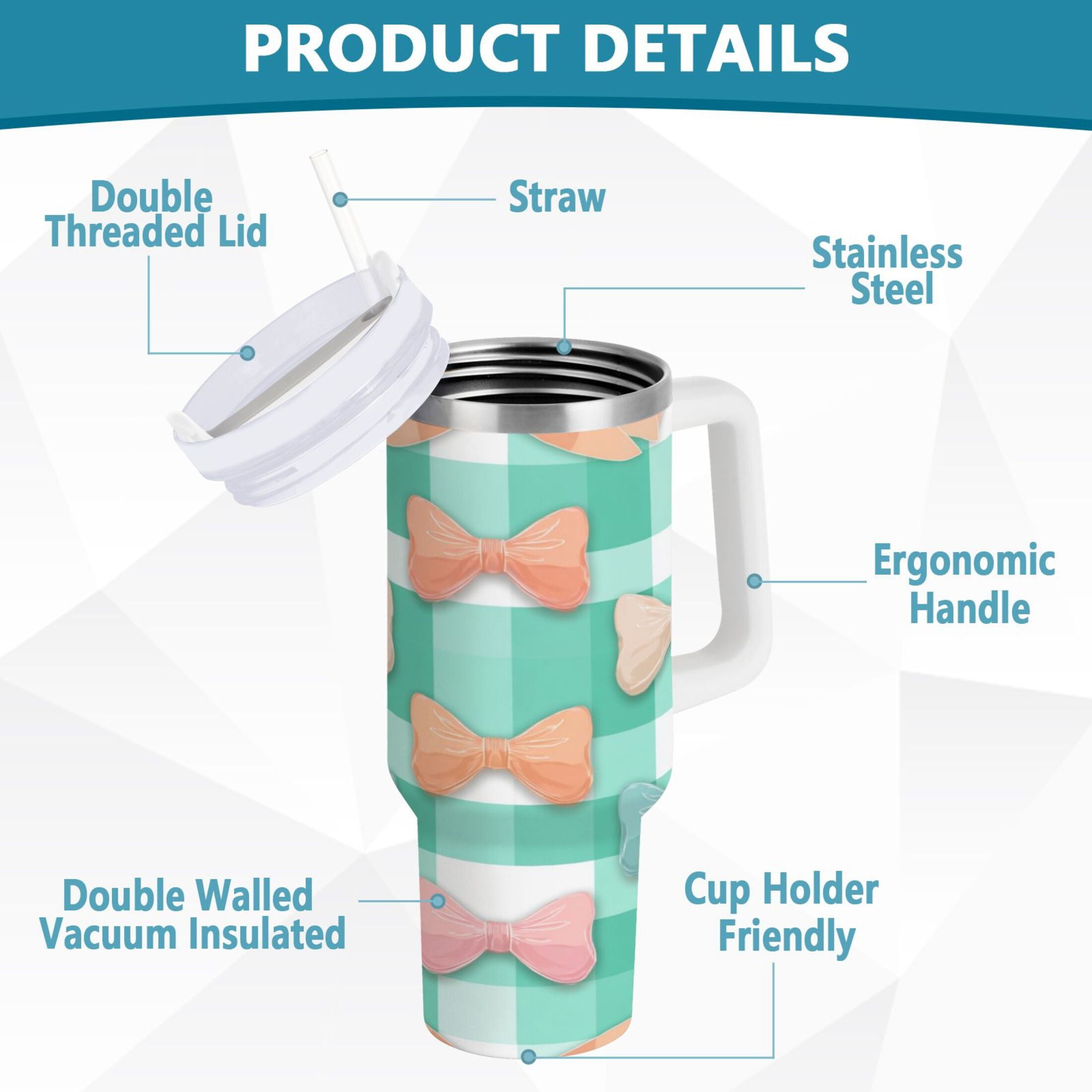 40 oz Insulated Stainless Steel Tumbler Double Wall Stainless Steel Tumbler with 2-Way Drinking Pastel Green and Peach Bows - U8UJ