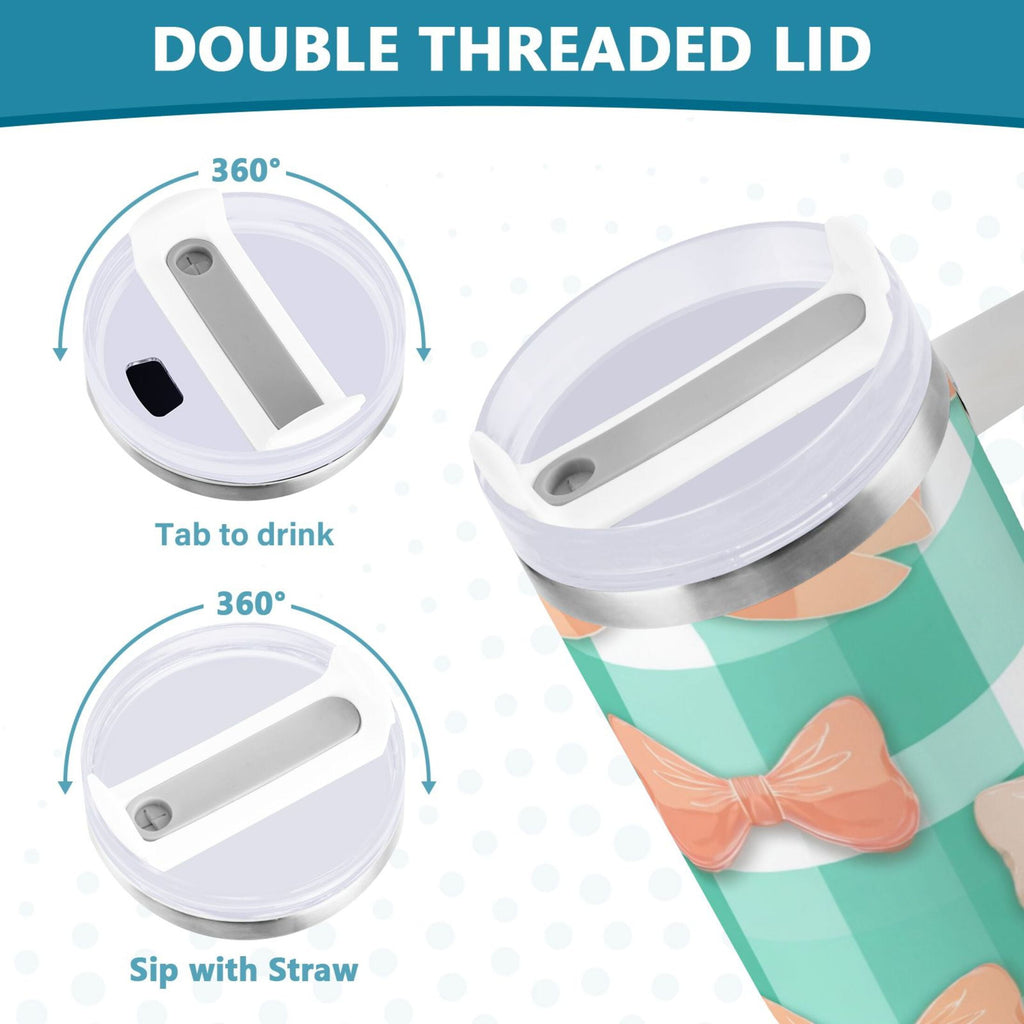 40 oz Insulated Stainless Steel Tumbler Double Wall Stainless Steel Tumbler with 2-Way Drinking Pastel Green and Peach Bows - U8UJ