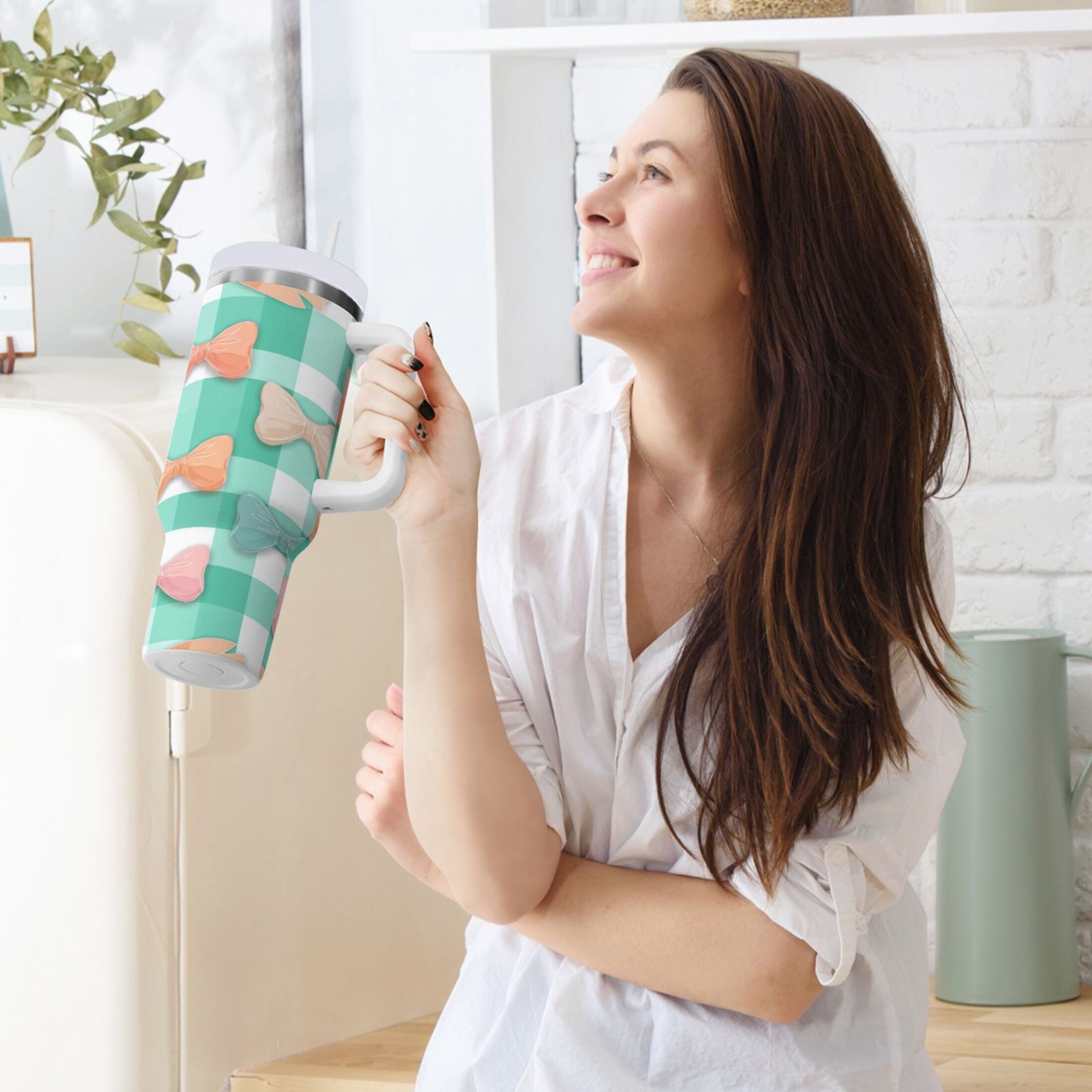 40 oz Insulated Stainless Steel Tumbler Double Wall Stainless Steel Tumbler with 2-Way Drinking Pastel Green and Peach Bows - U8UJ