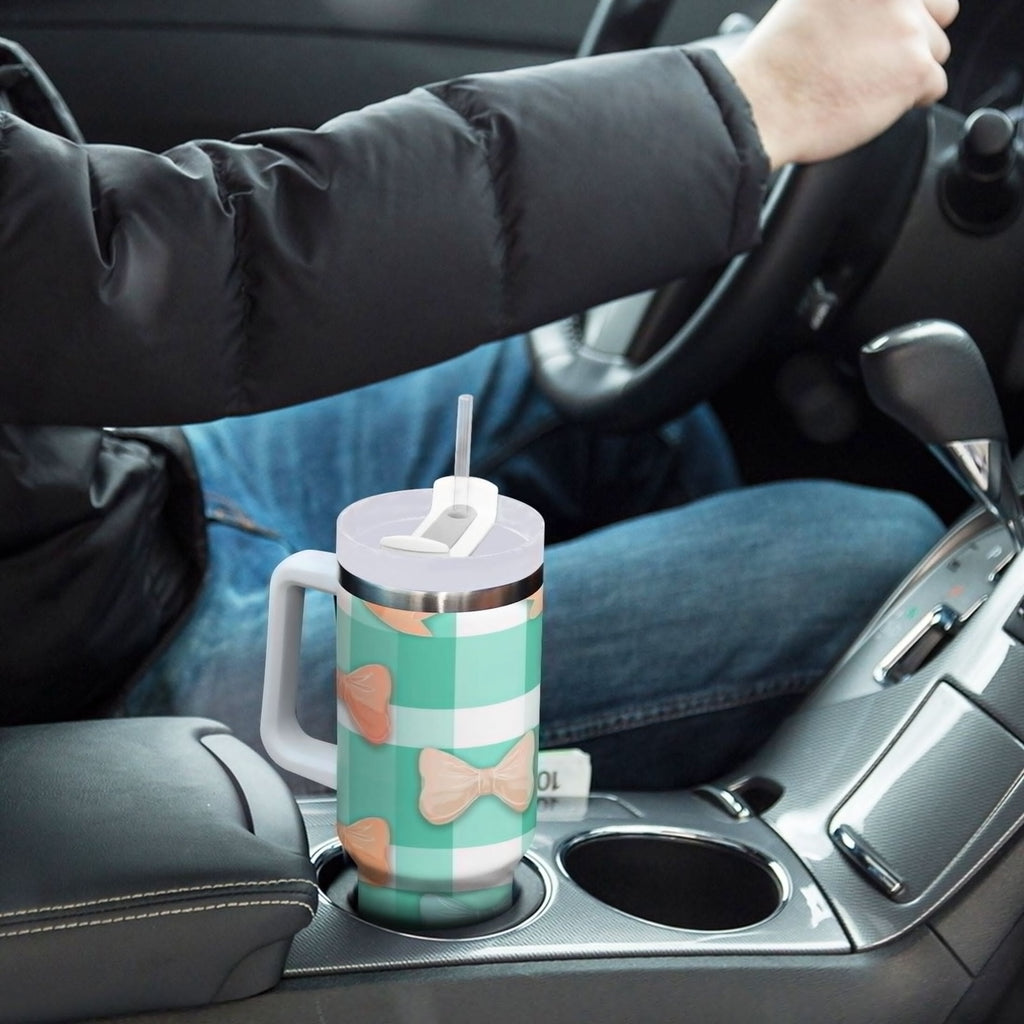 40 oz Insulated Stainless Steel Tumbler Double Wall Stainless Steel Tumbler with 2-Way Drinking Pastel Green and Peach Bows - U8UJ