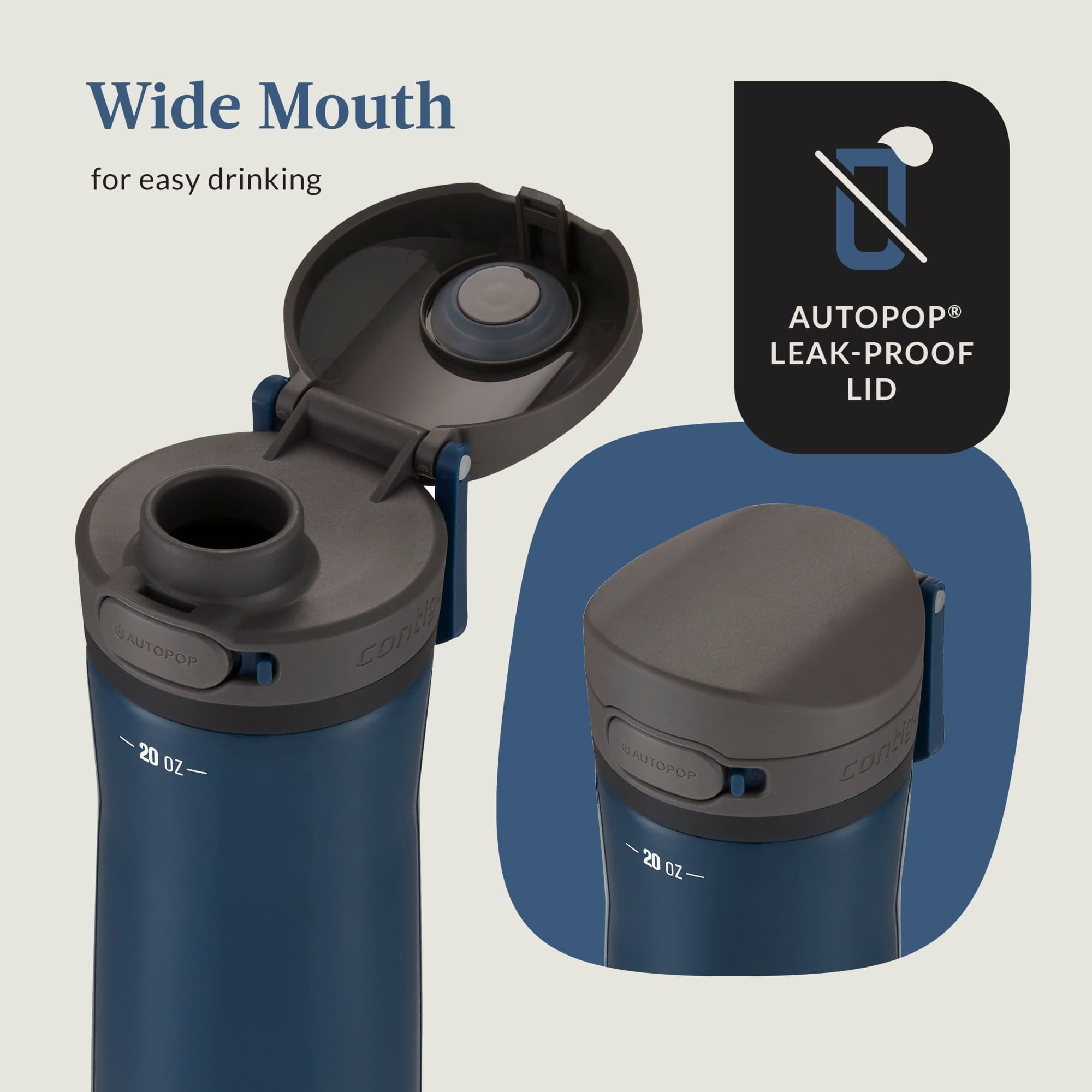 Contigo Jackson Chill Bundle 2 Water Bottles Black 24oz and Blueberry 20oz with Autopop Lid - E60I