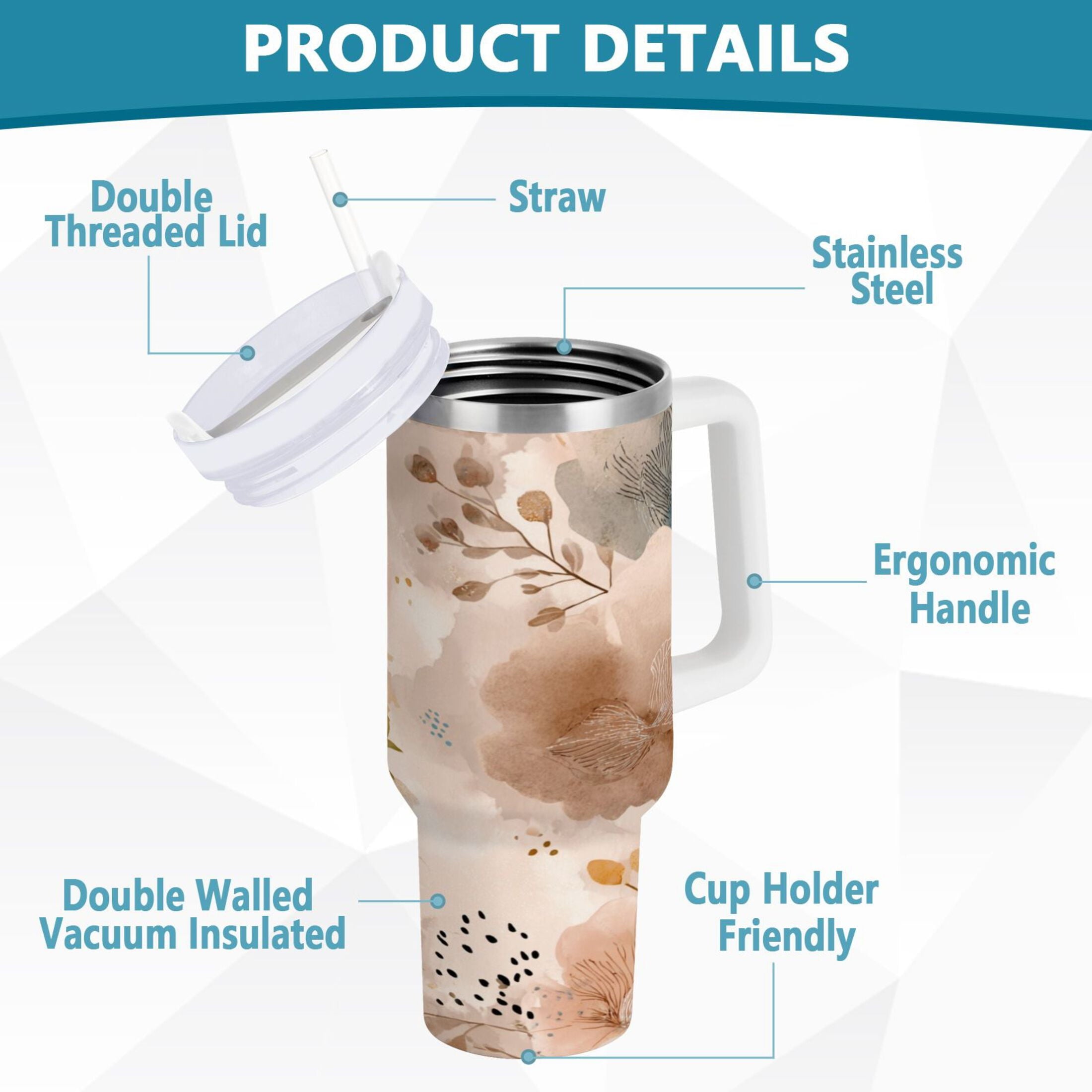 30 oz Insulated Stainless Steel Tumbler Double Wall Stainless Steel Tumbler with 2-Way Drinking Hazy Ethereal Flowers - A9C0