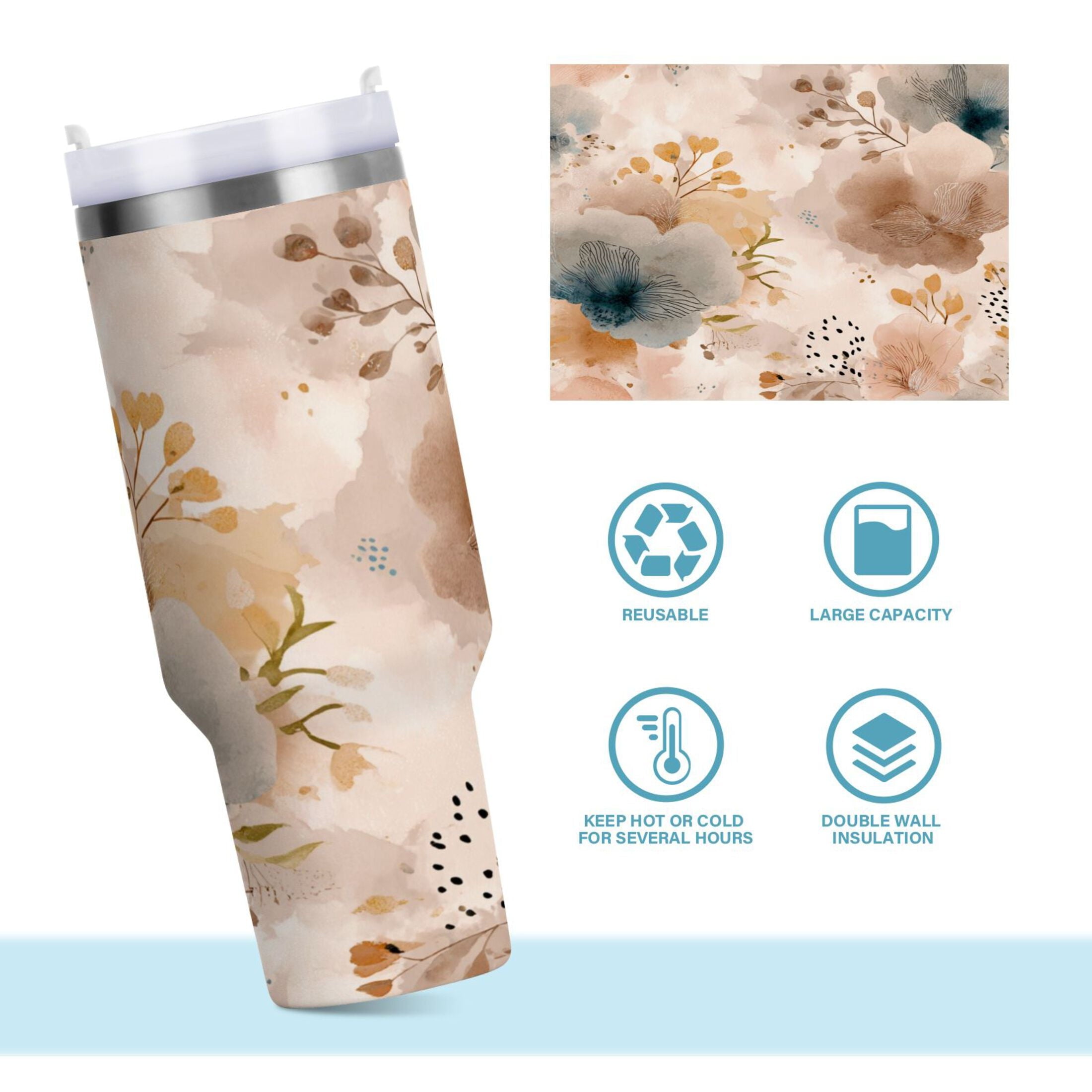 30 oz Insulated Stainless Steel Tumbler Double Wall Stainless Steel Tumbler with 2-Way Drinking Hazy Ethereal Flowers - A9C0