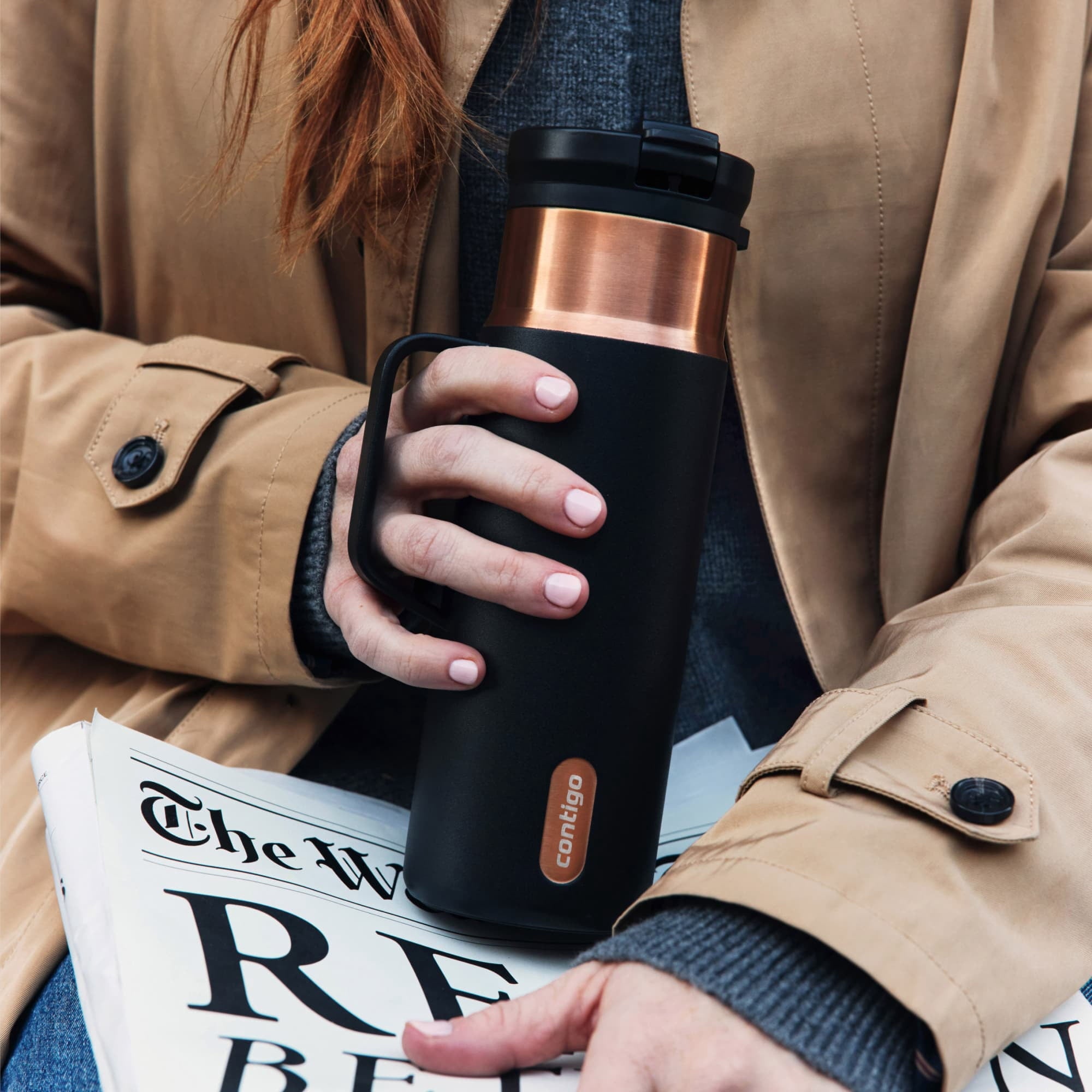 Contigo SnapSeal Leakproof Stainless Steel Reusable Water Bottle Tumbler with Side Handle, Dark Blue/Bronze, 20 oz - RU6A