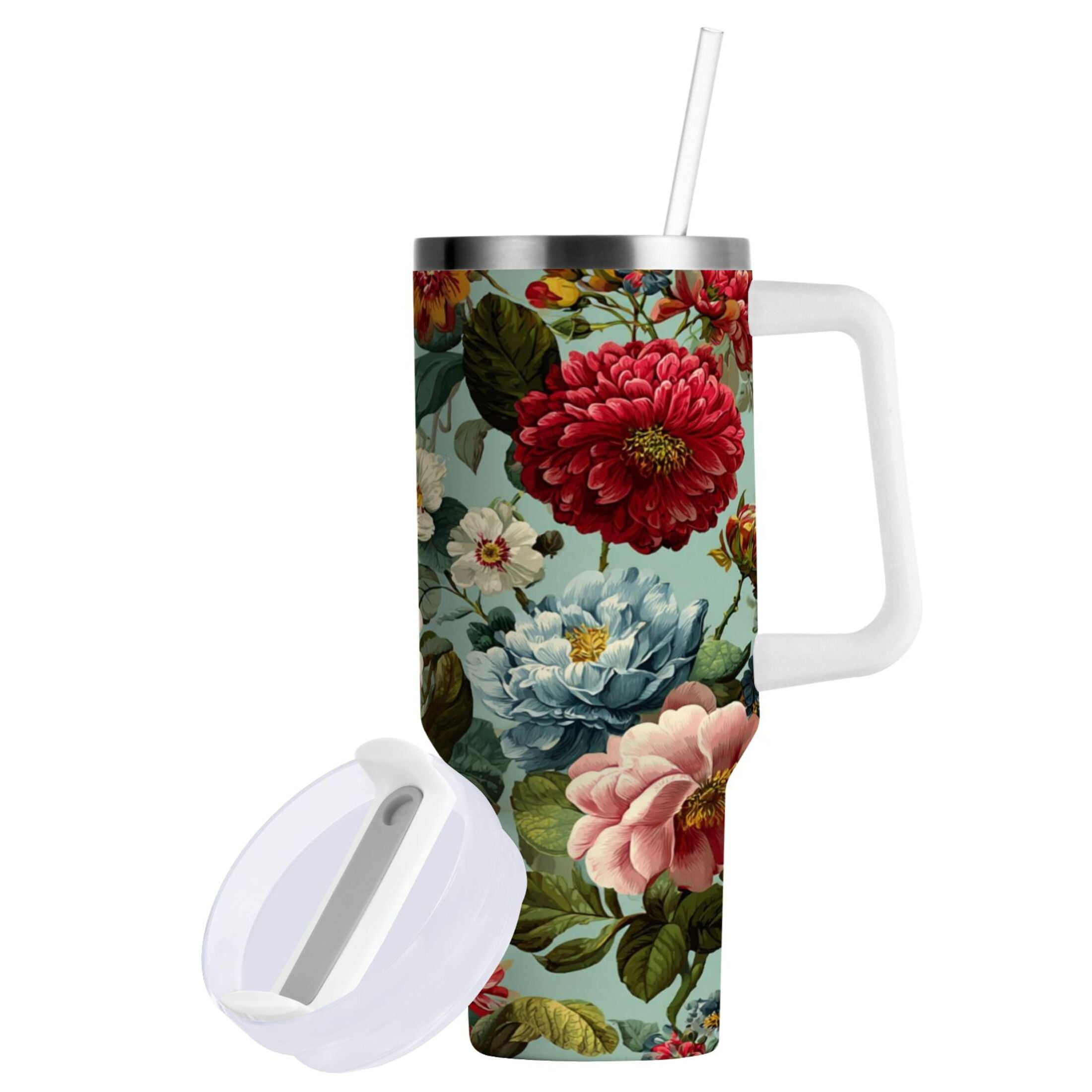 40 oz Insulated Stainless Steel Tumbler Double Wall Stainless Steel Tumbler with 2-Way Drinking Floral Pattern with Roses - UEG8