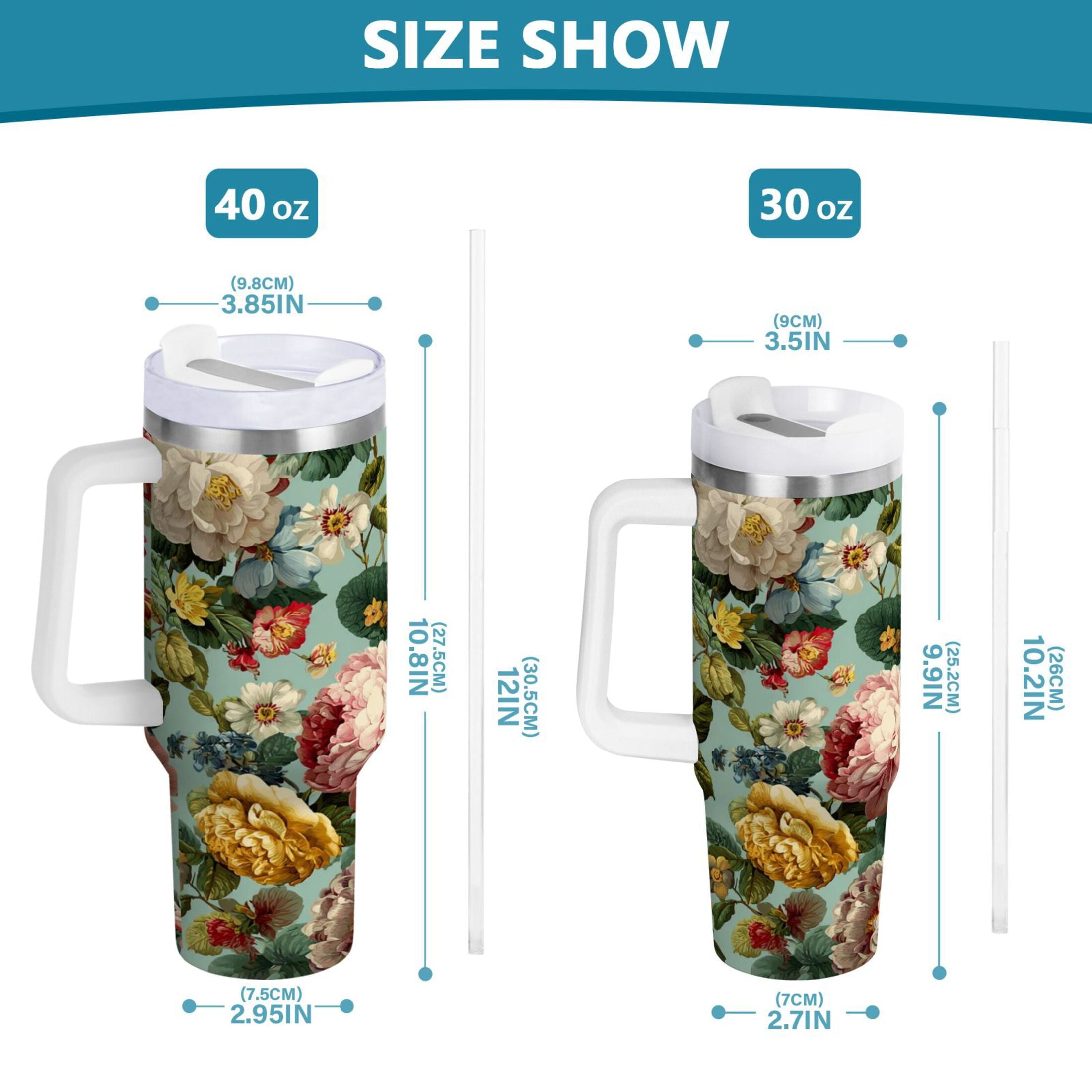 40 oz Insulated Stainless Steel Tumbler Double Wall Stainless Steel Tumbler with 2-Way Drinking Floral Pattern with Roses - UEG8